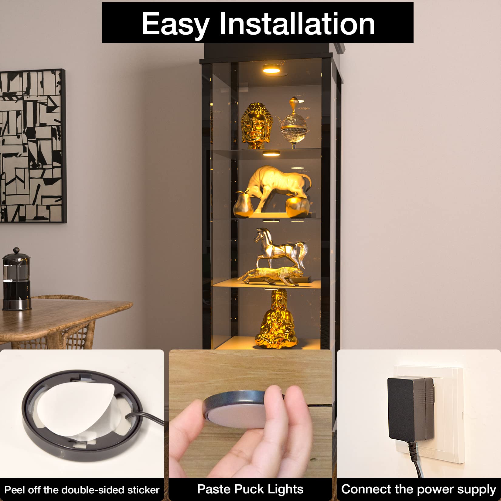WOBANE LED Under Cabinet Lights, 9W Dimmable Puck Lights, 700 Lumens, Warm White, Set of 4, Black Housing, Model CS211