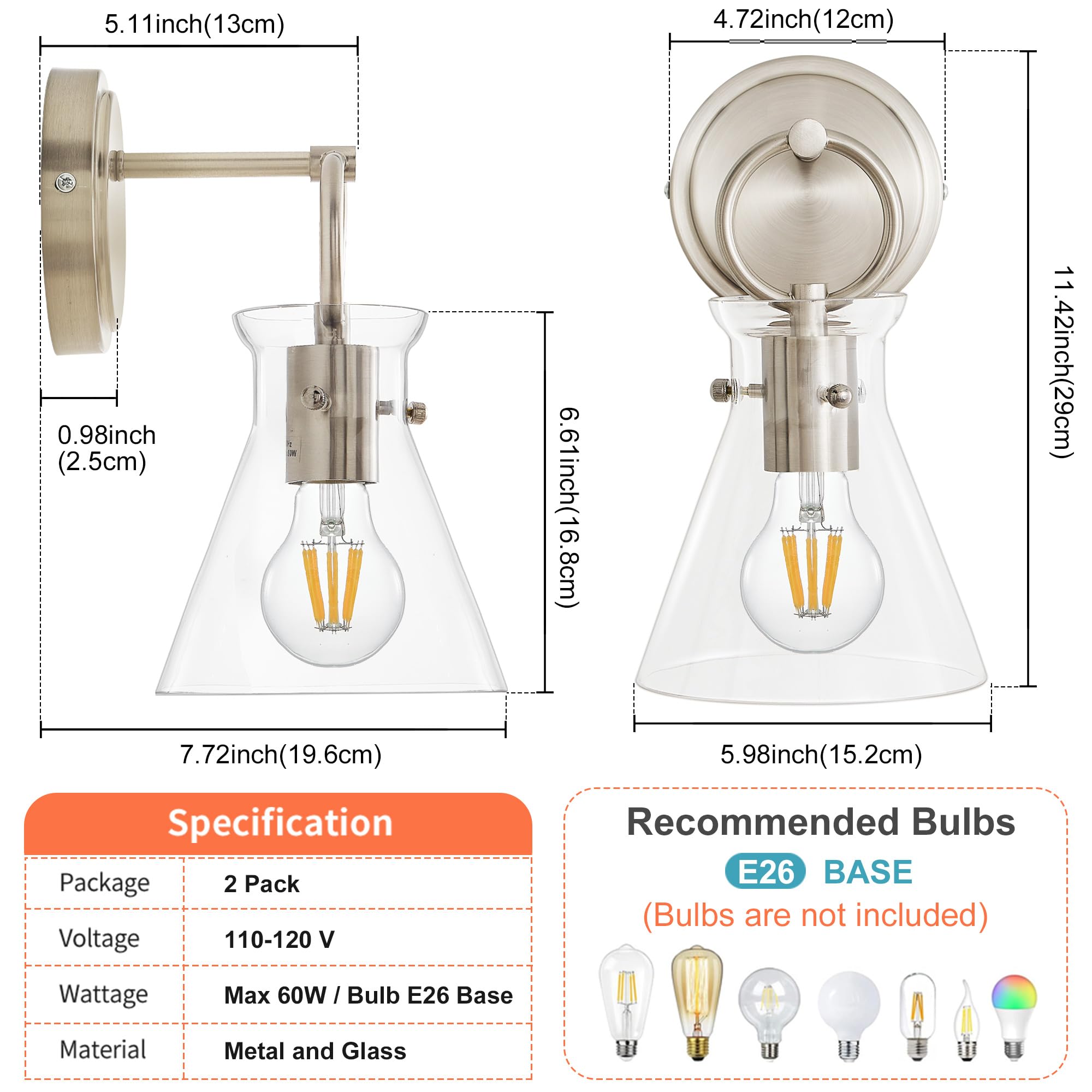 Gednbo Modern Wall Sconces 2 Pack, Brushed Nickel, Metal, Hardwired, 6 Inch Clear Glass Shade for Bathroom, Bedroom, Living Room