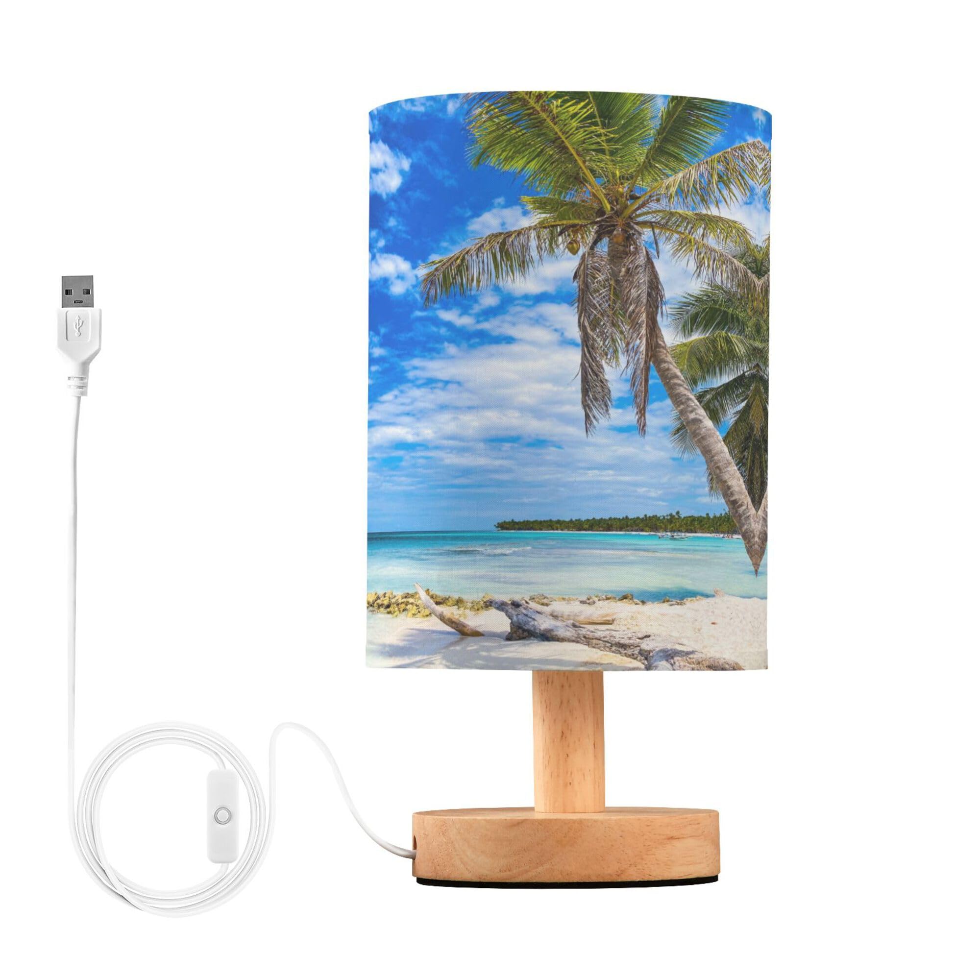 YYZZH Table Lamp Tropical Beach White Sand Coconut Palm Tree Clear Blue Sky Ocean Nightstand Lamp with Wood Base Fabric Lamp Sha