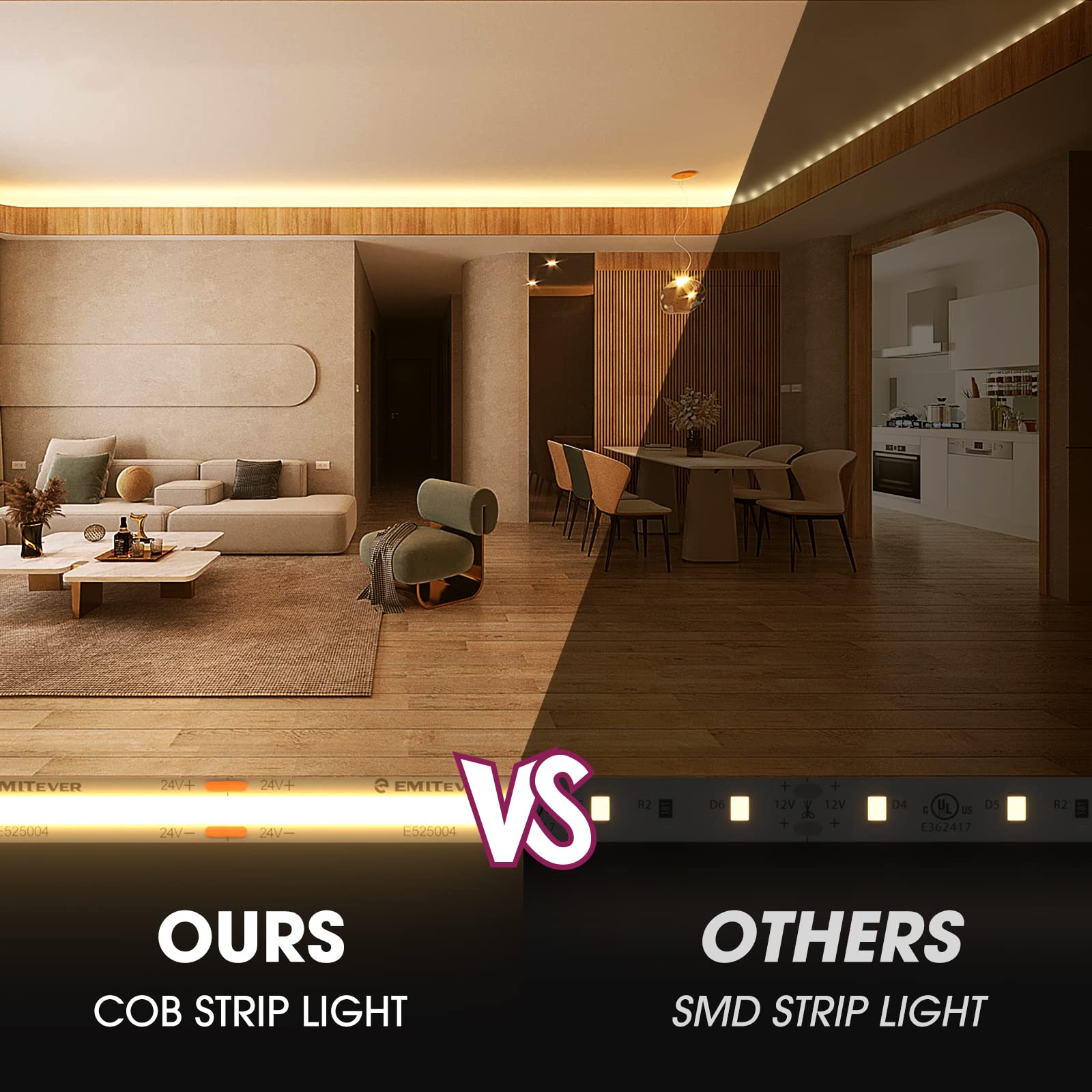 Emitever Led Strip Light Warm White 3000K 16.4Ft,24V Dc Cob Dimmable Tape Lights With Rf Controller,Premium High Density Power Adapter,1600Leds Ul Listed For Bedroom,Kitchen Cabinets,Indoor Use