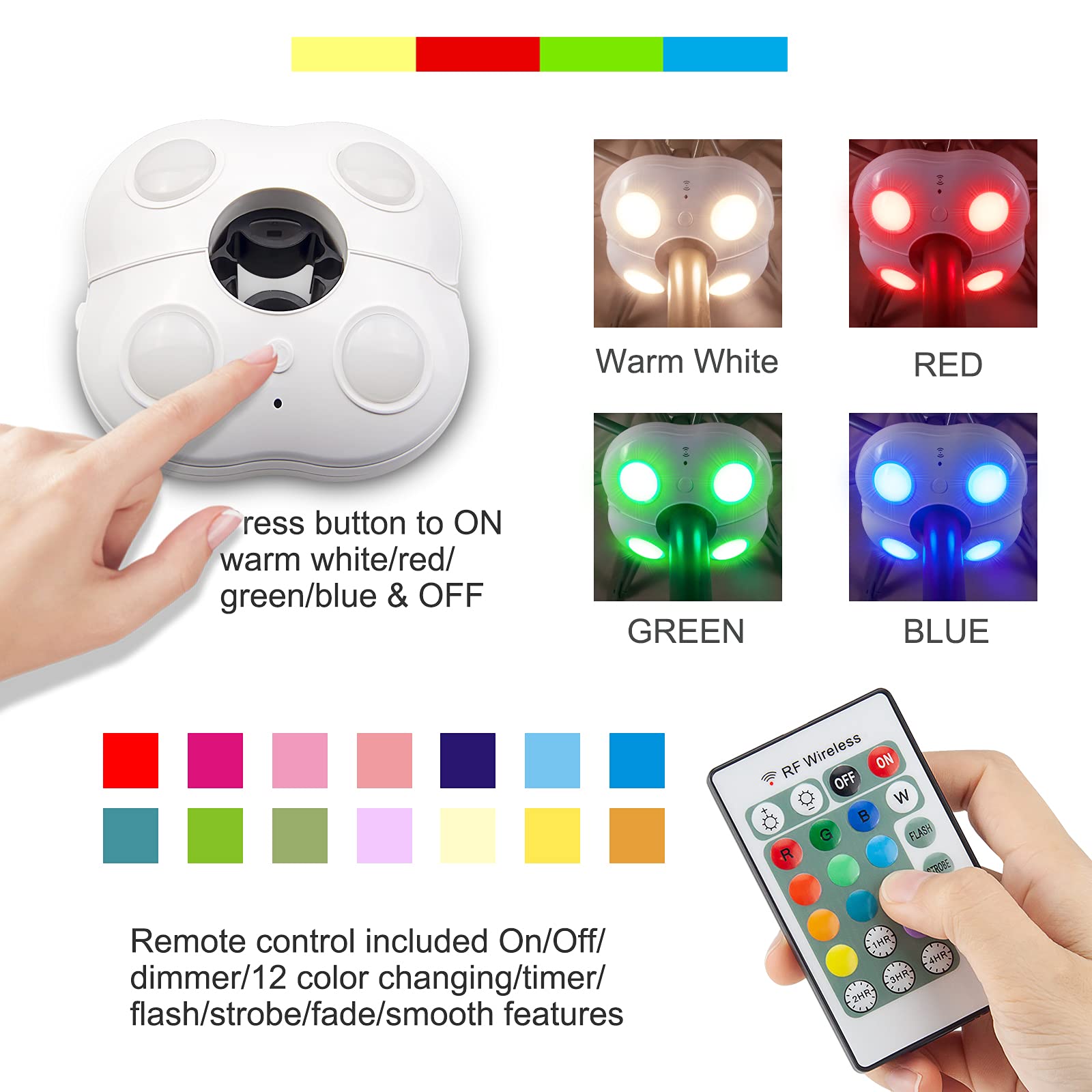 Honwell Patio Umbrella Lights Outdoor Umbrella Pole Light Battery Operated Cordless 12 Color Changing Umbrella Light With Remote
