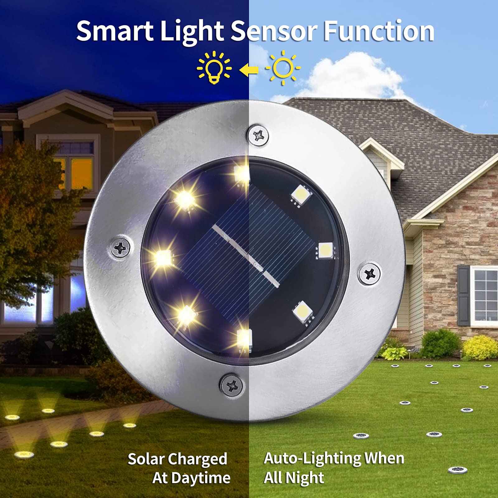 Aogist Solar Ground Lights, 12 Pack, 8 LED Waterproof Disk Lights, Stainless Steel, Warm White for Pathway, Yard, Lawn - Model DMD-1214