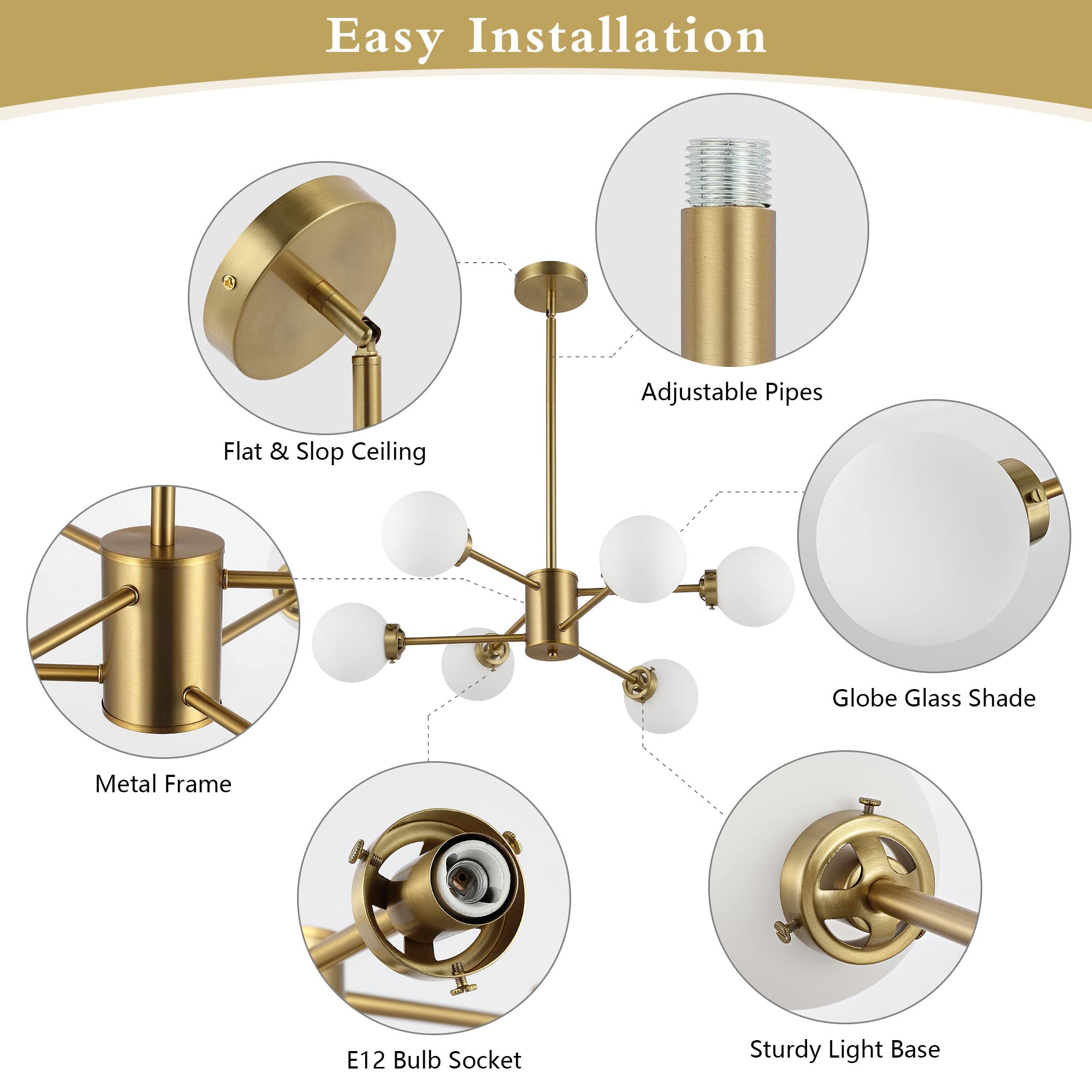 Wingbo 6-Light Sputnik Chandelier, Modern Pendant Light Fixture With 4.7" Opal White Glass Globe Shade For Flat And Slop Ceiling, Height Adjustable For Kitchen Living Room Dining Room Bedroom, Gold