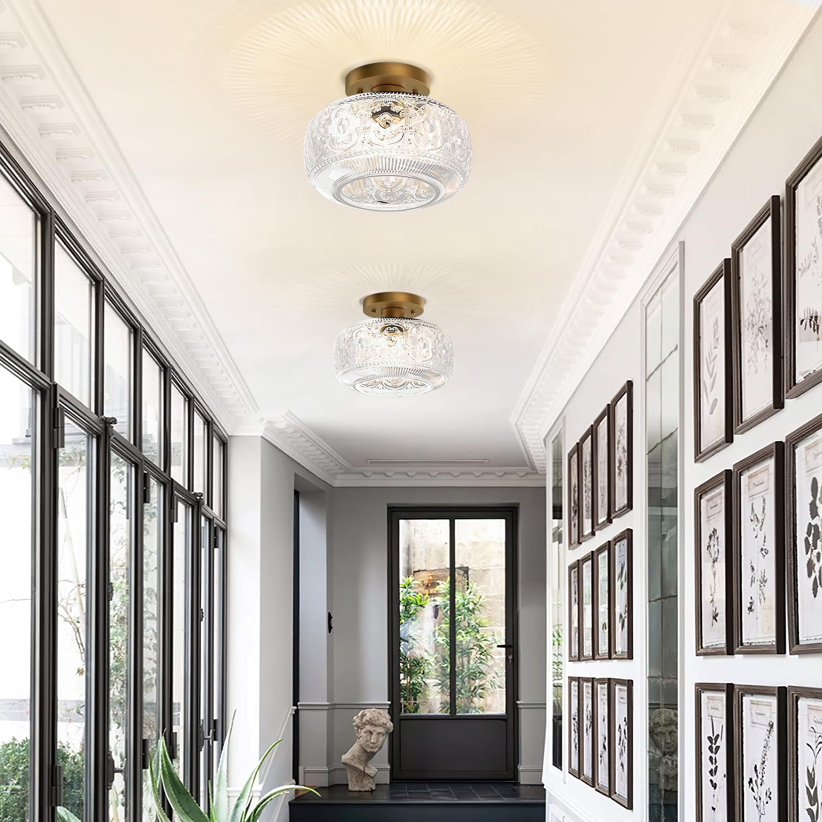 Oykyohei Gold Vintage Semi Flush Mount Ceiling Light, Globe Glass Fixture For Hallway & Bedroom