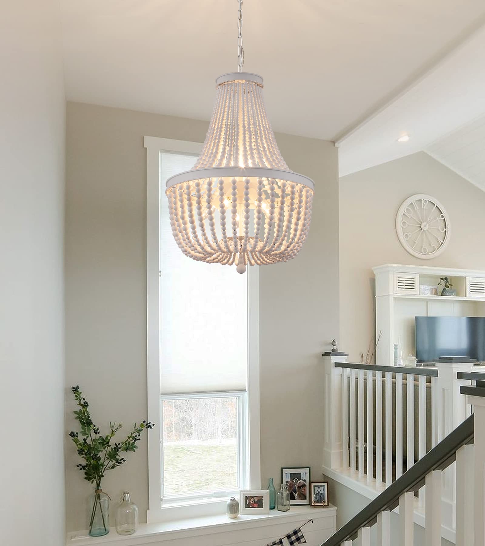 Q&S 8-Light Beaded Chandelier, White Wood & Iron, Vintage Boho Light Fixture for Dining Room, Nursery, Kitchen, UL Listed