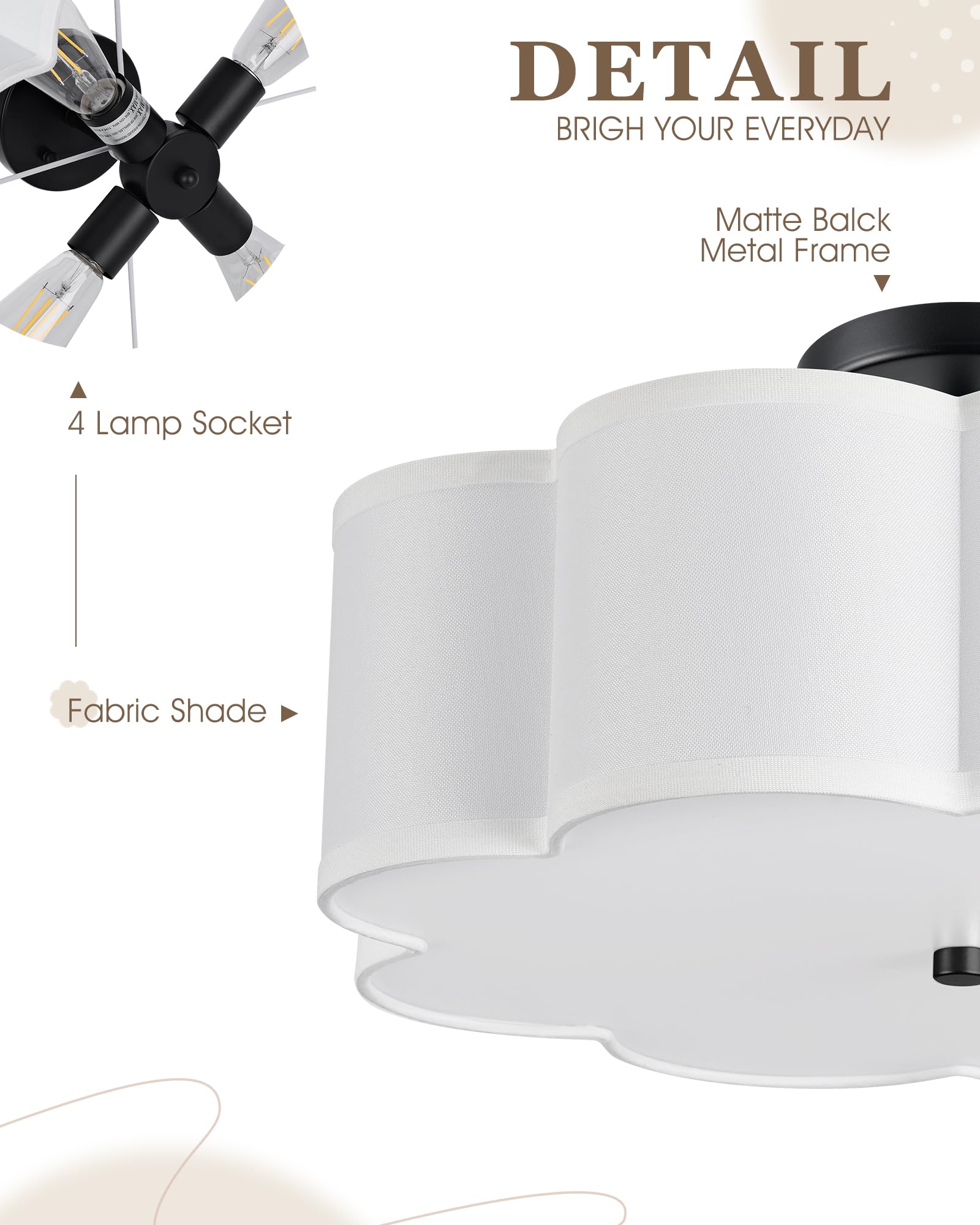 Audickic Black Semi Flush Mount Ceiling Light, 4-Light 18'' Ceiling Light Fixtures With Fabric Drum Shade In Flower Shape, Farmh