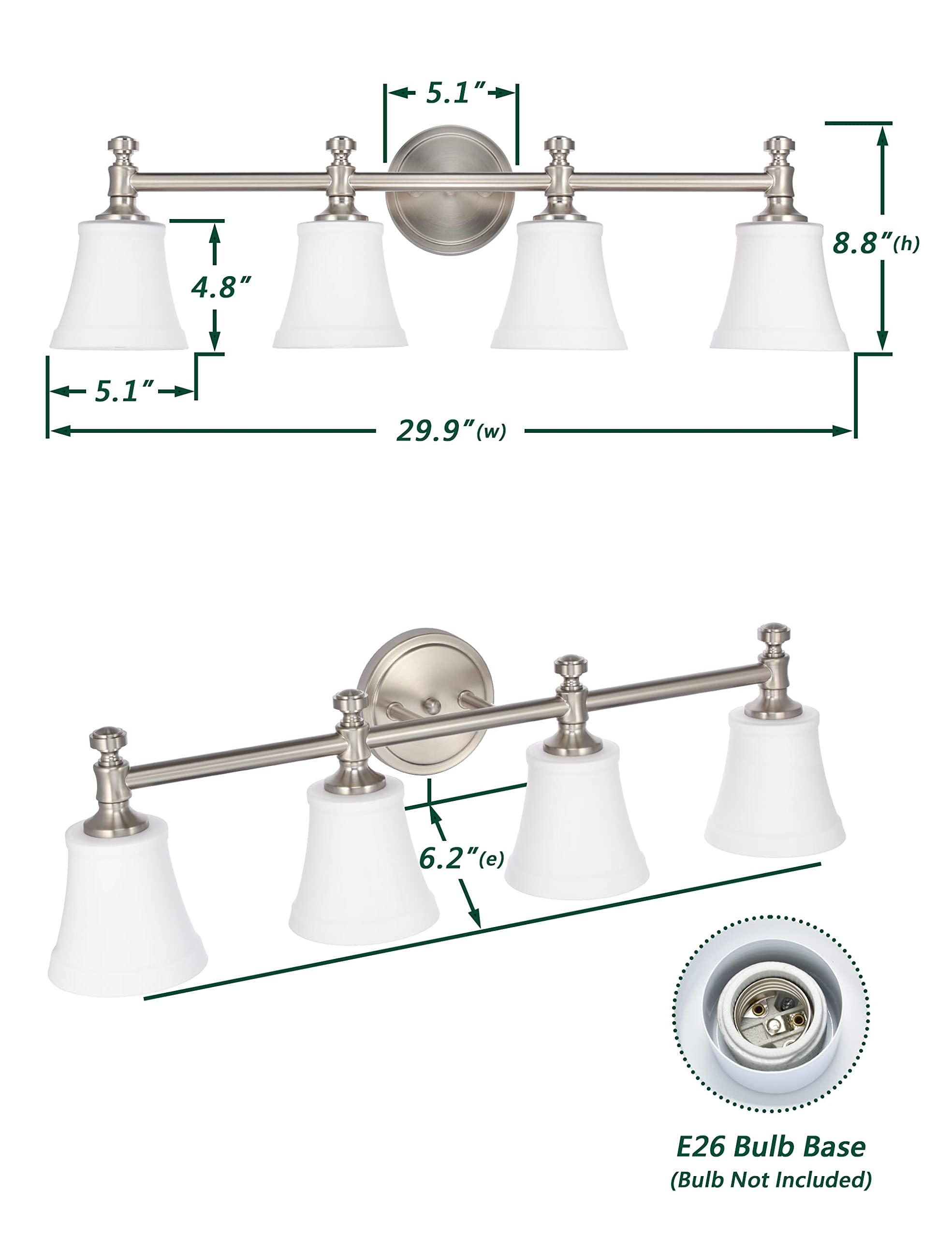 Hanaloa Bathroom Vanity Light Fixtures, Traditional Brushed Nickel 4 Lights Wall Sconce Lighting With Opal Glass Shade, Porch Wall Mount Light Fixture For Bathroom, Mirror Cabinets Hallway Stairs