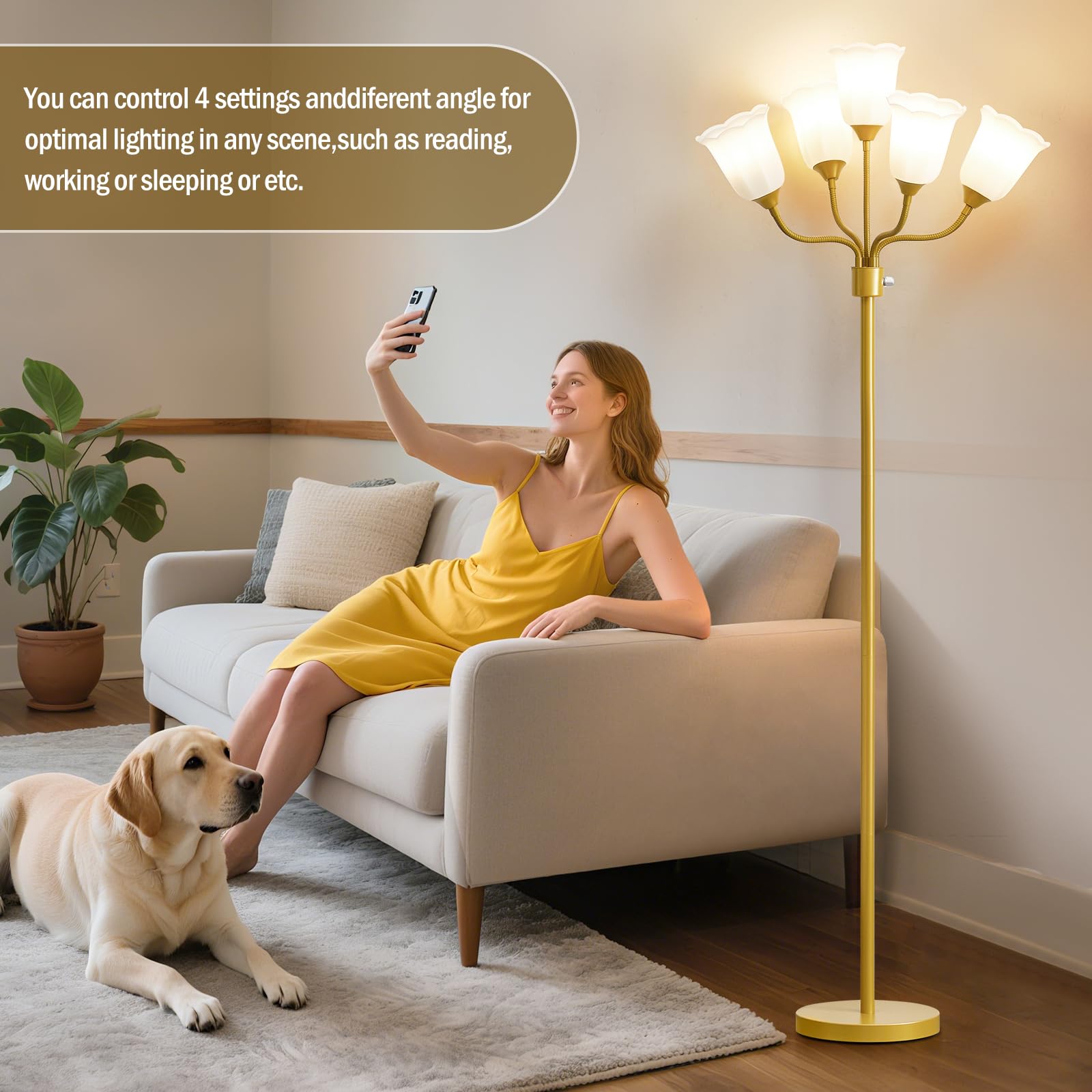 GyroVu Medusa Floor Lamp - Multi-Head Modern Tall Gooseneck Lamp with 5 White Shades, Gold Finish
