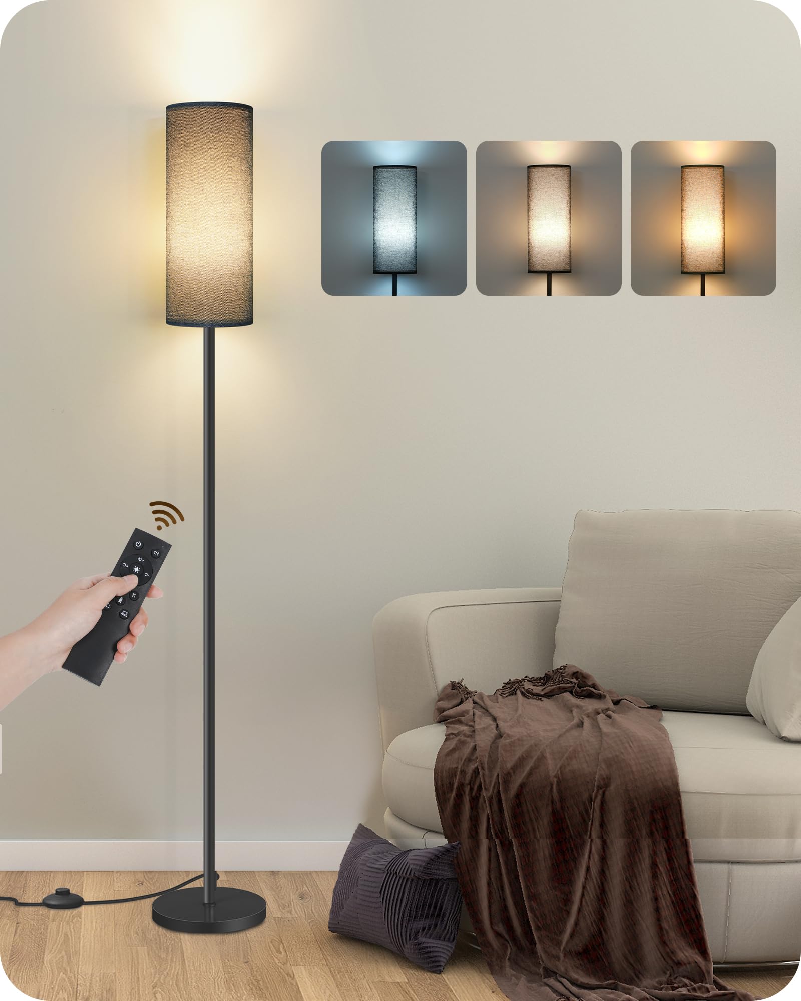 Goebleson Dimmable Floor Lamp With Remote, 66'' Tall Black Metal For Living Room & Bedroom