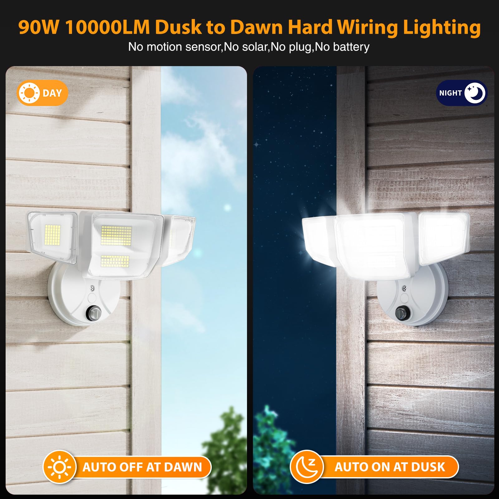 Onforu Dusk To Dawn Outdoor Lighting 90W 10000Lm Flood Lights Outdoor Ip66 Waterproof White Led Security Light With Photocell 6500K Daylight 4 Heads Exterior Light Fixture For Yard Patio Garden