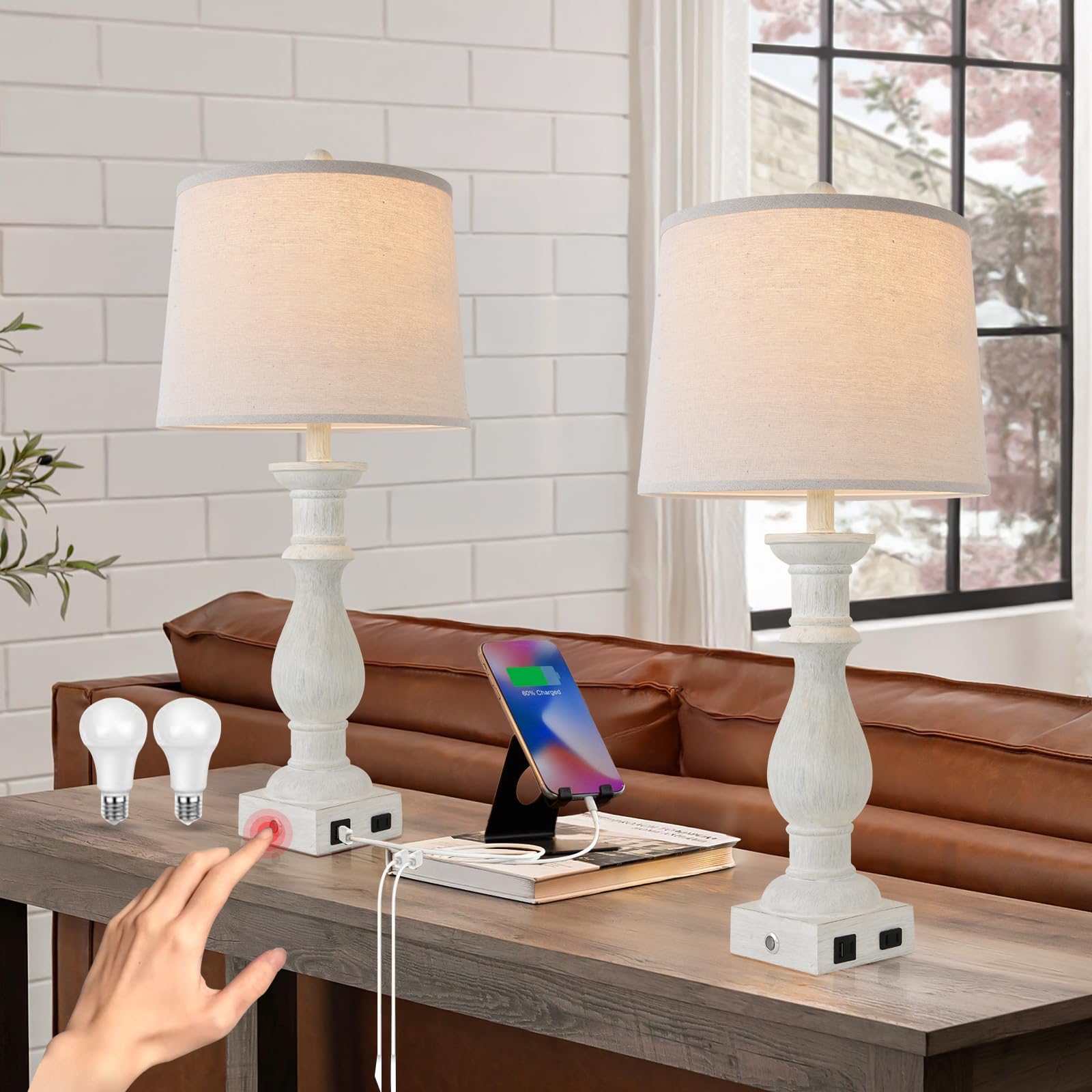 Touch Dimmable Desk Lamp Table Lamps Set of 2 Vintage Night Stand Light Farmhouse Resin Lamp,Bedside Lamps with USB Ports and Ou