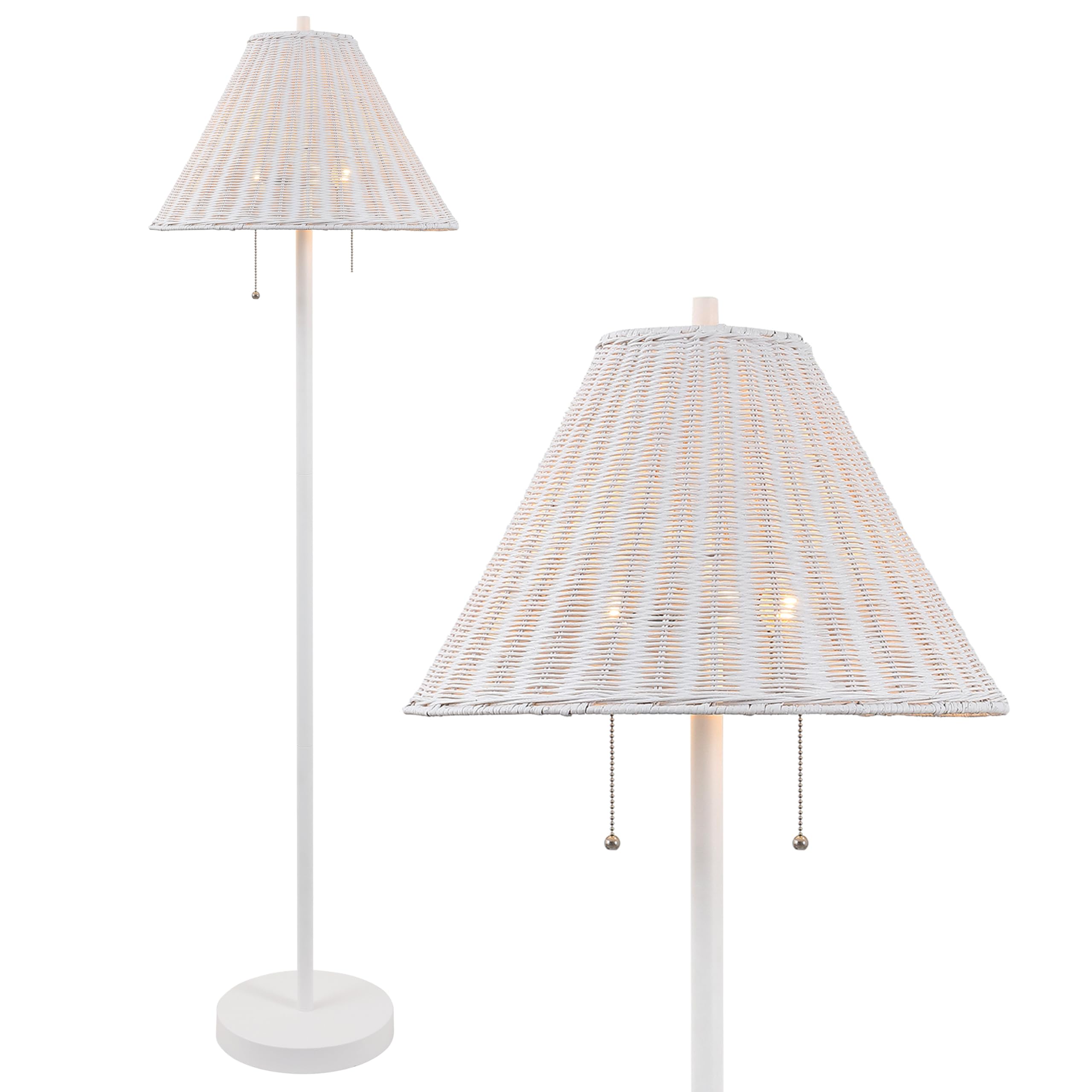 JONATHAN Y 61 White 2-Light Coastal Bohemian LED Floor Lamp for Living Room, Brown Rattan Shade, Mid-Century Modern Tall Standin