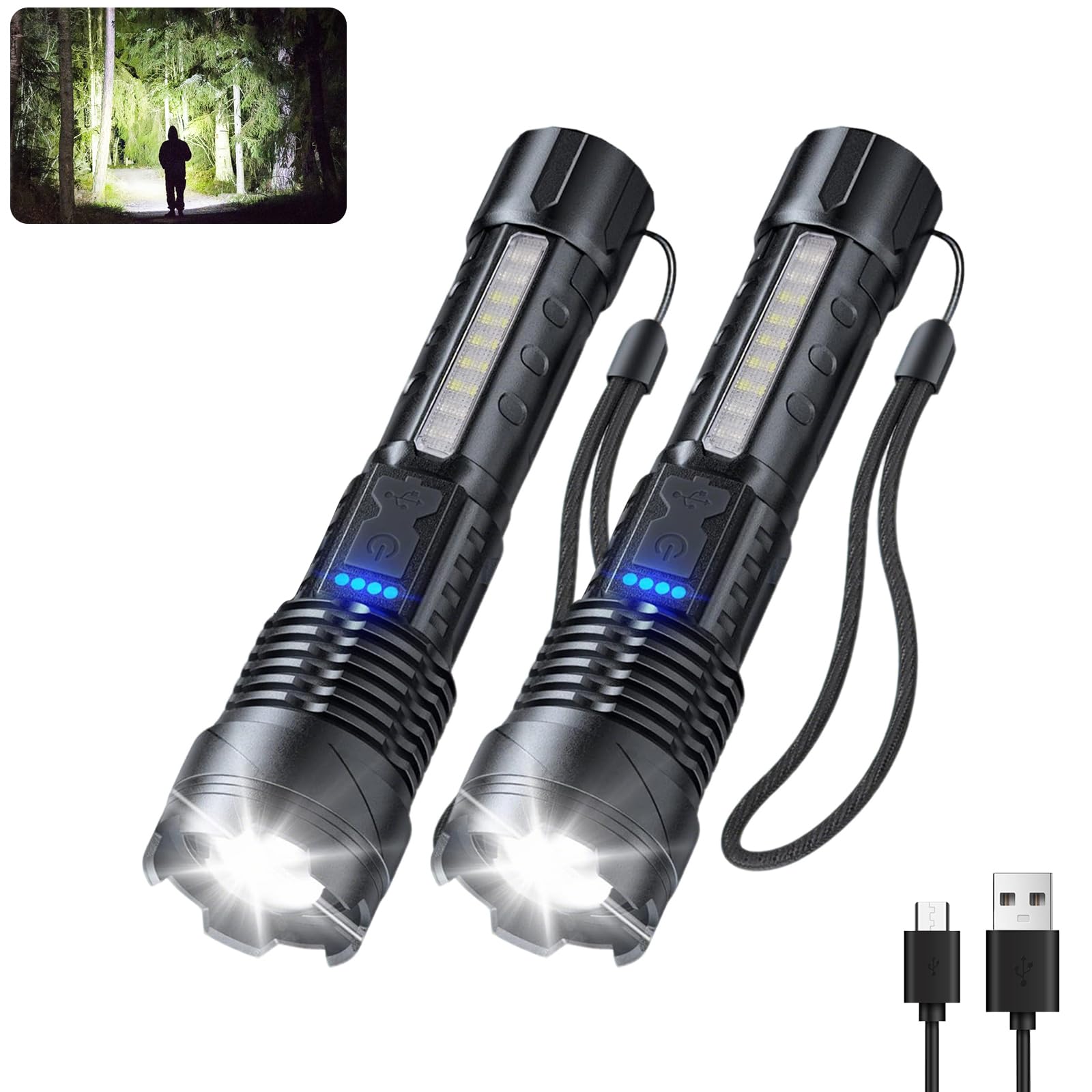 JIJ Rechargeable LED Flashlight, 7 Modes, IP67 Waterproof, Aluminum, 2 Pack, Model JIJ1