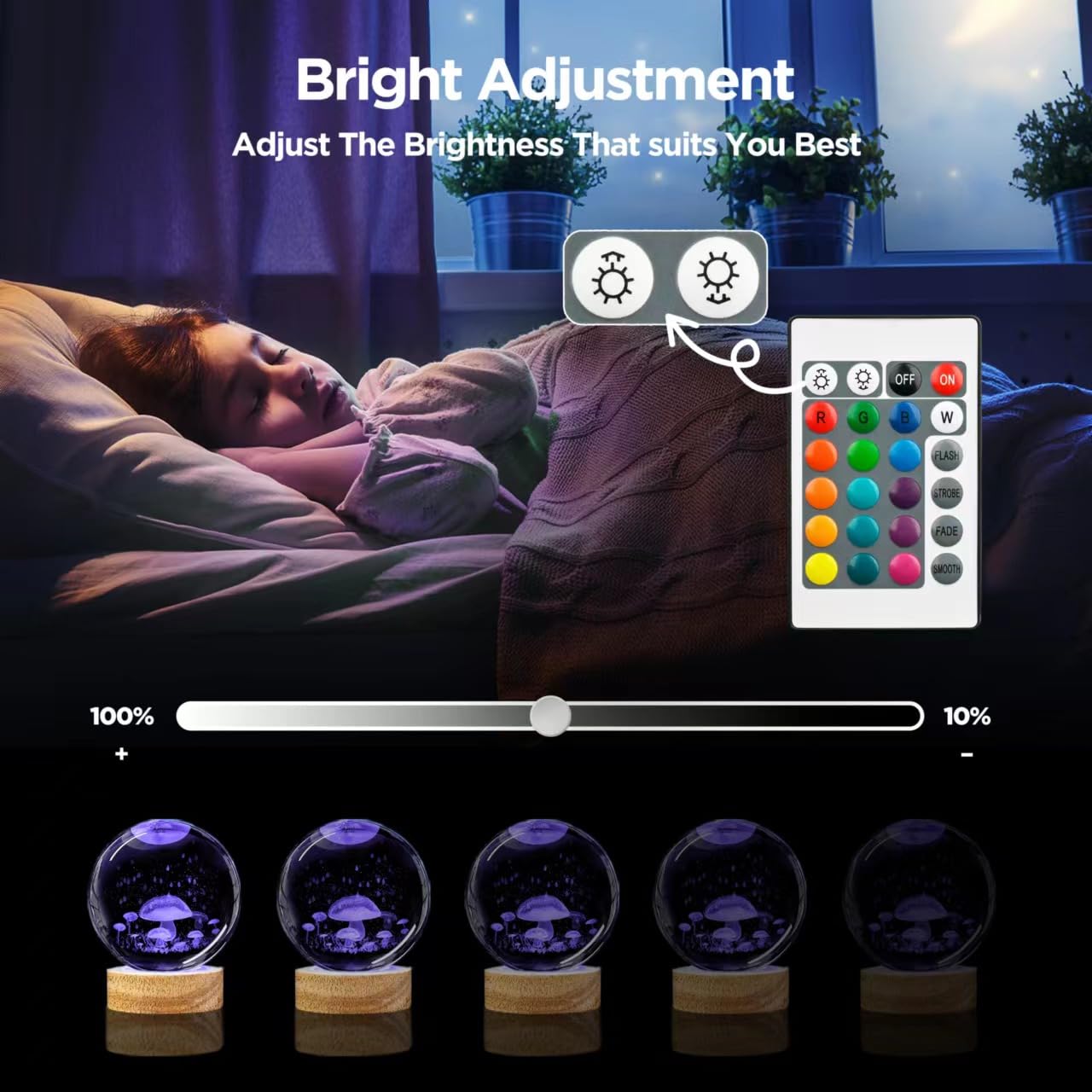 3D Mushroom Crystal Ball Night Light, Upgraded 3.15 Inch Glass Ball Lamp With 16 Color Led Wooden Base, Mushroom Decor Birthday