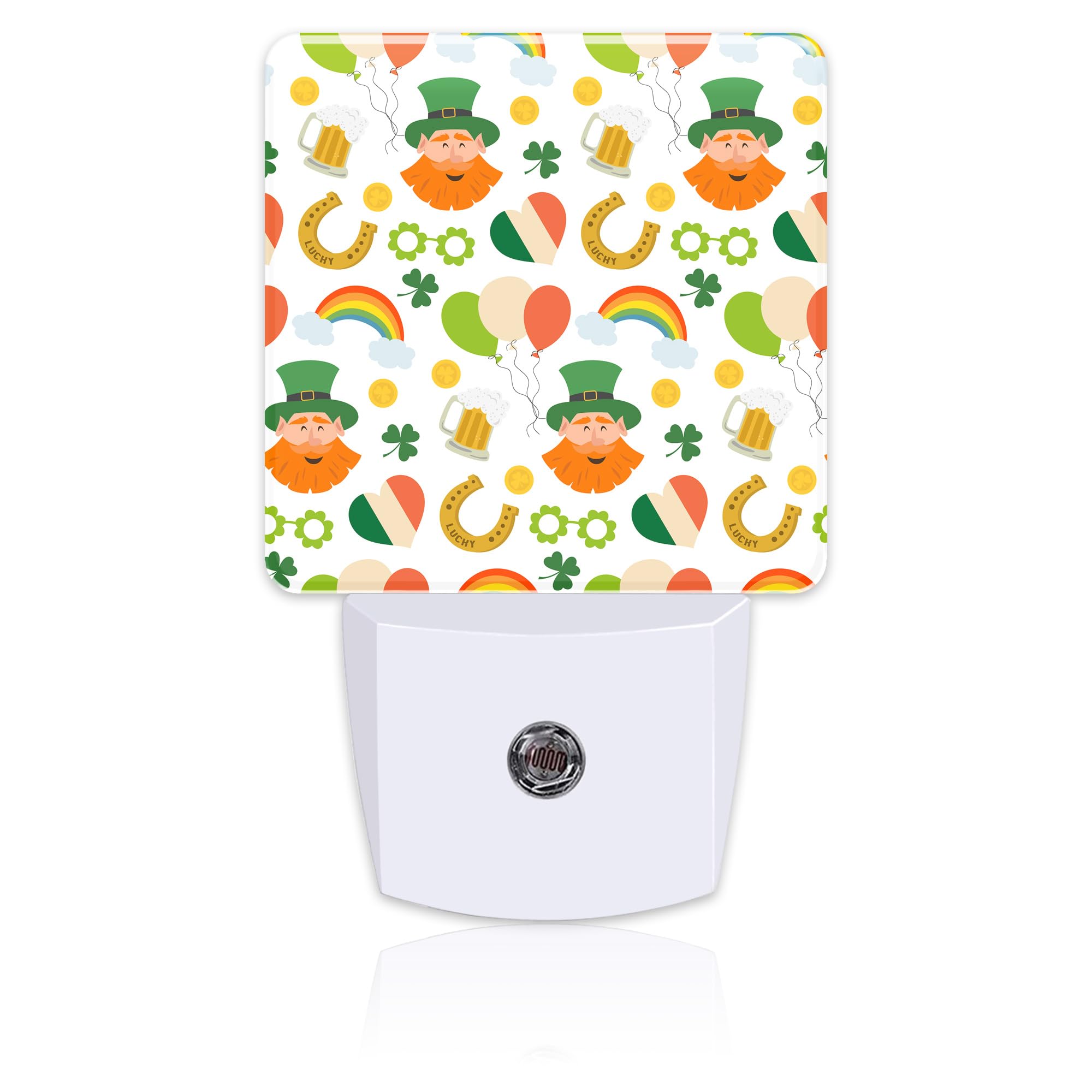 St. Patrick's Day Cute Pattern Night Light for Kids,Green Shamrock Leprechaun and Rainbow Night Light Plug in with Dusk to Dawn 