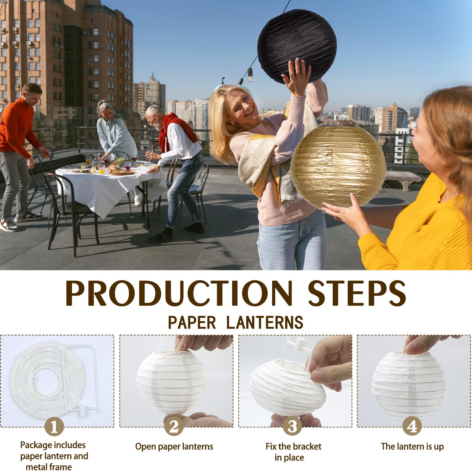 15Pcs Paper Lanterns Black Gold Round Hanging Chinese Paper Lanterns 4'' 6'' 8'' 10'' 12'' For Bachelorette Engagement Wedding B