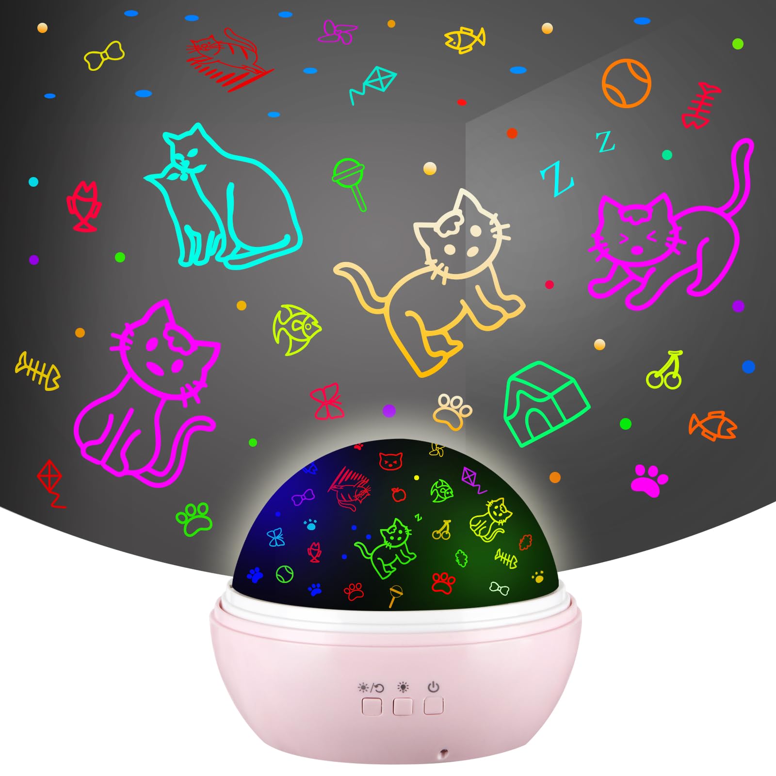 Elsent Cute Cats Projector with 10H Timer (No Remote), RGBW LED Cat Night Light, 360 Rotation, USB/Battery Operated, Pink