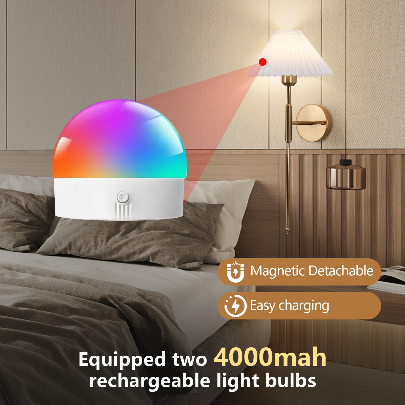 XIGUCUCN Rechargeable Wall Sconces Set of Two, Gold Metal, Dimmable with Remote Control, 15 Color Changing, Model XG-WL05GD