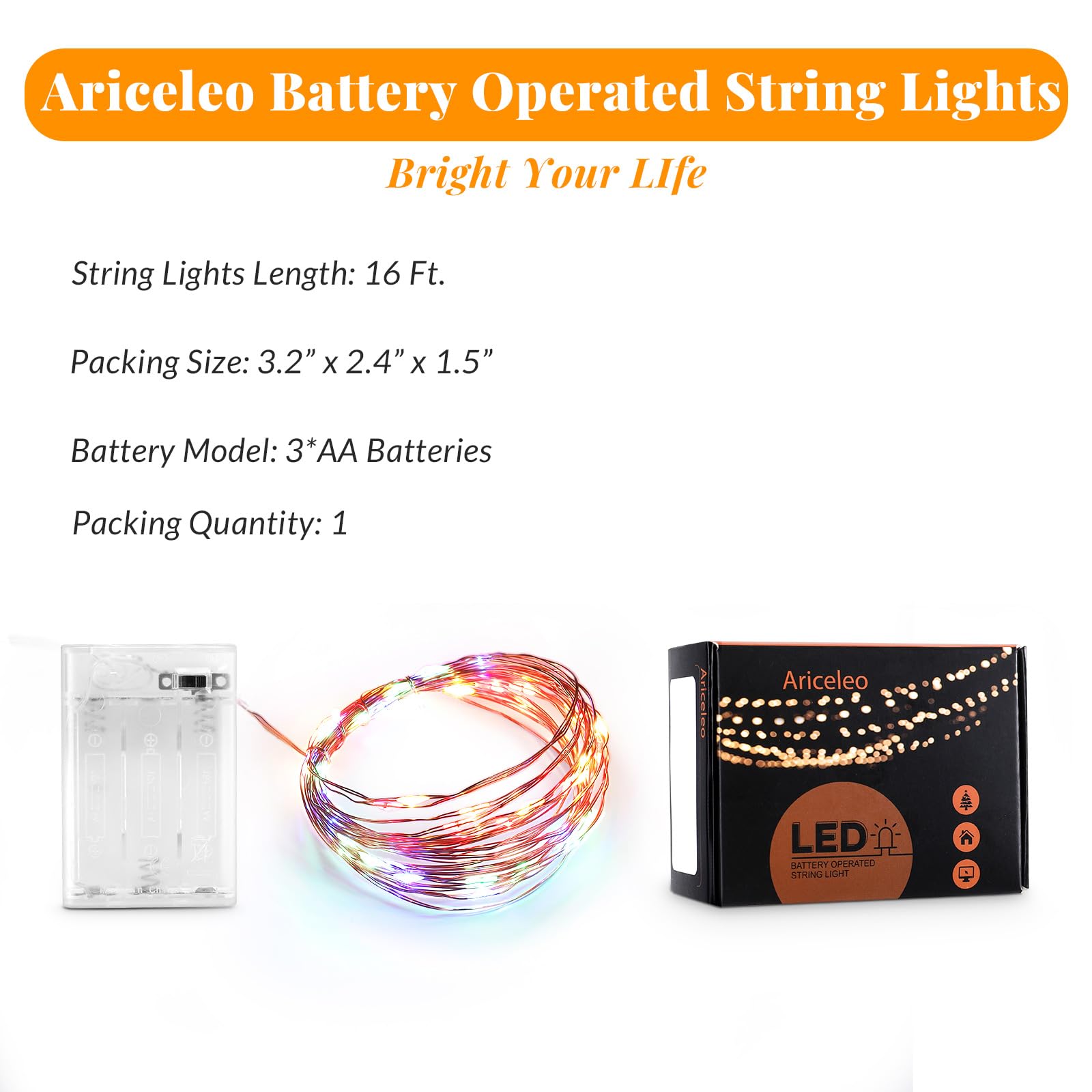 Ariceleo LED Fairy Lights, 5m Copper Wire, Battery Operated, Multicolor, Mini Pack for Bedroom, Christmas, Parties, Wedding