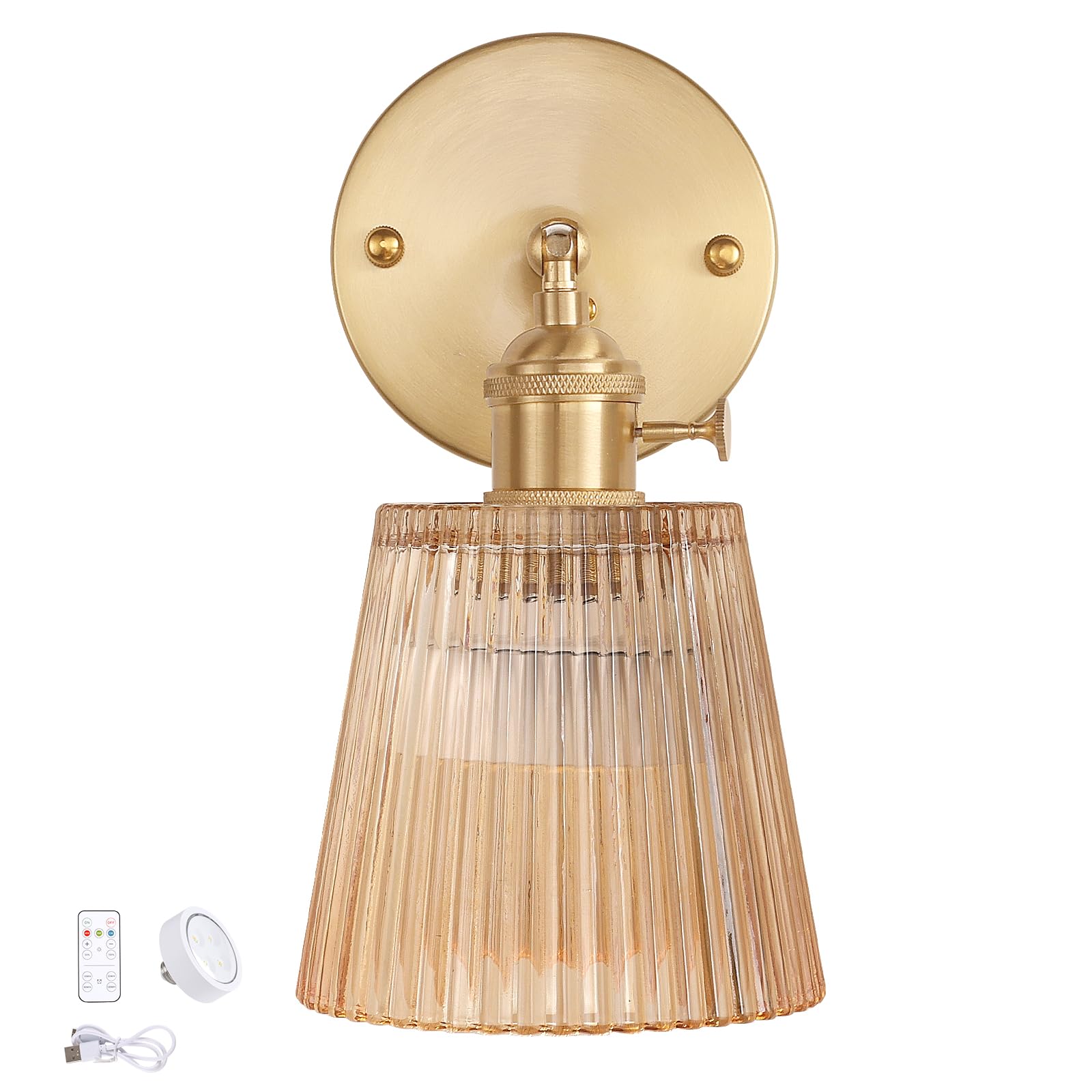 Shenmoyl Vintage Wall Sconce - Amber Glass, Battery Operated, Remote Control, 1 Light, Model 1-9330