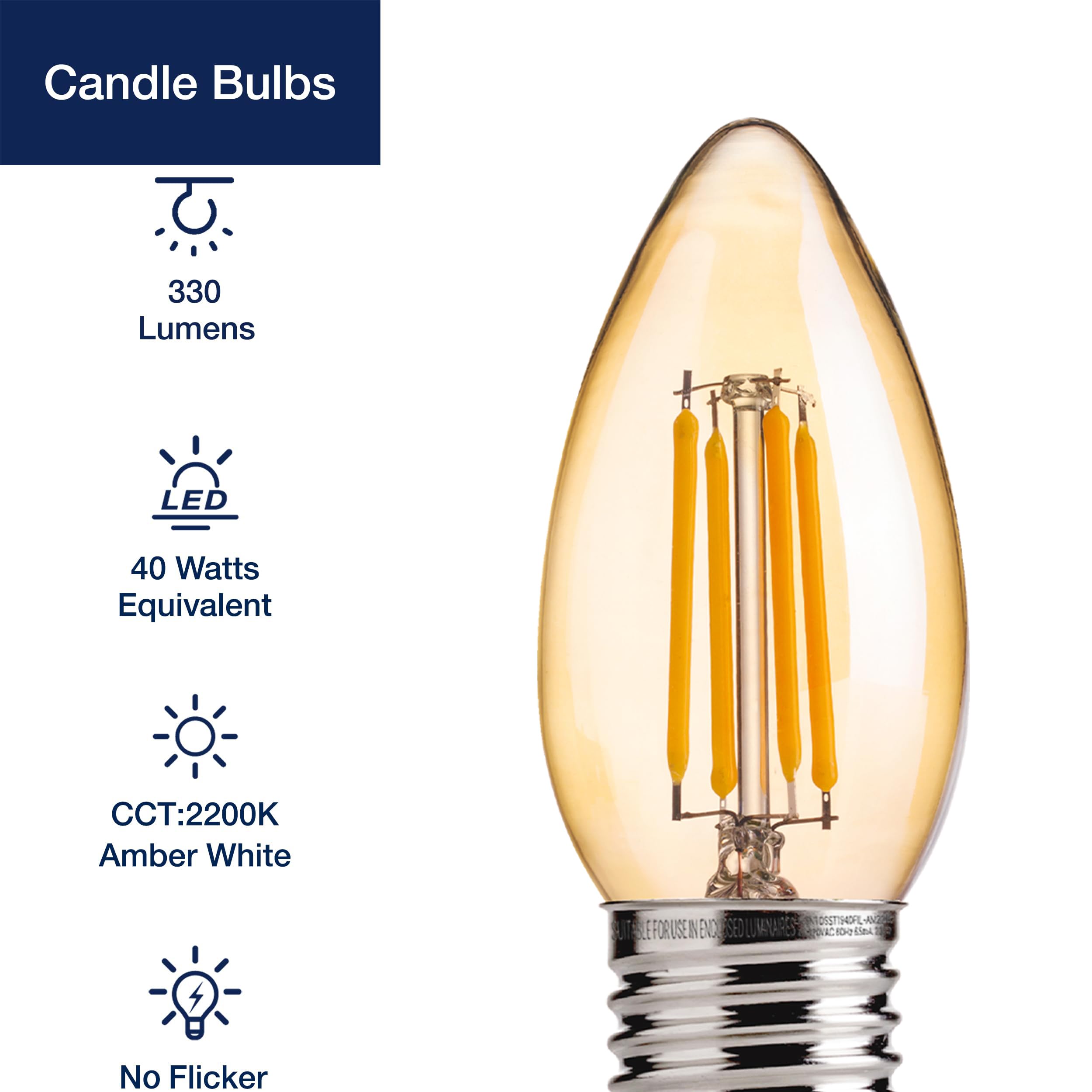 Flsnt 40W Equivalent Led Chandelier Light Bulbs, Dimmable Amber Led B11 E26 Candelabra Base Bulbs, 2200K Warm White, 330Lm, 24 Pack