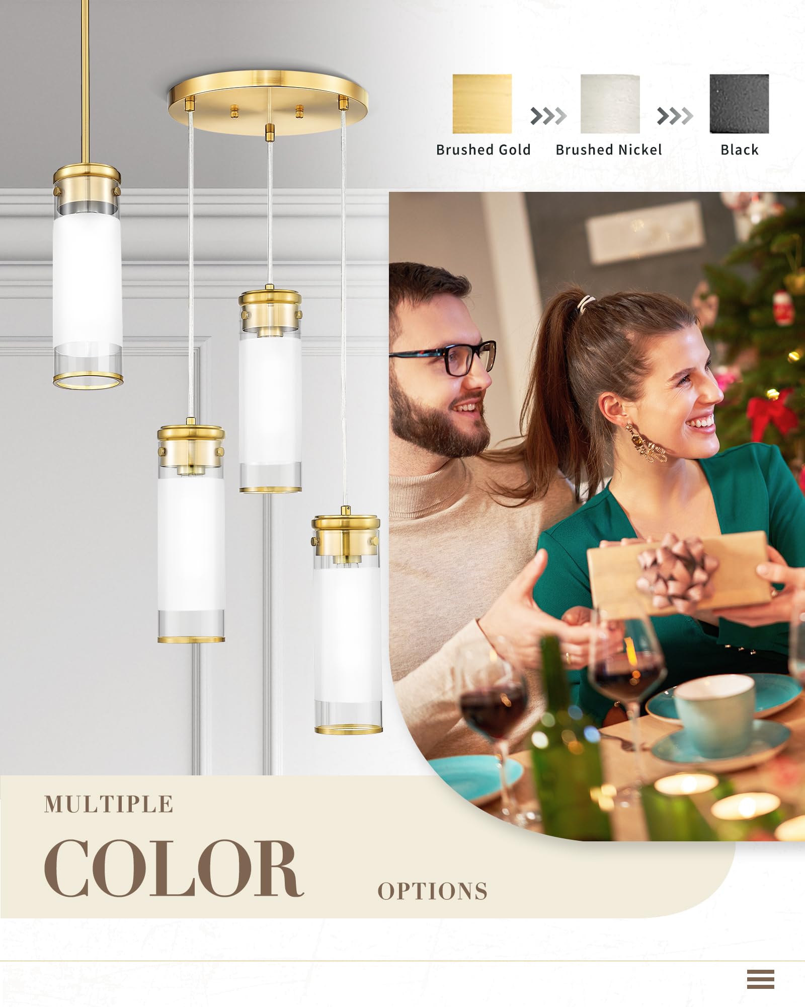 Jazava 3-Light Gold Pendant Light, Cluster Hanging Light Fixture, Modern Cylindrical Glass Kitchen Island Lighting For Dining Ro