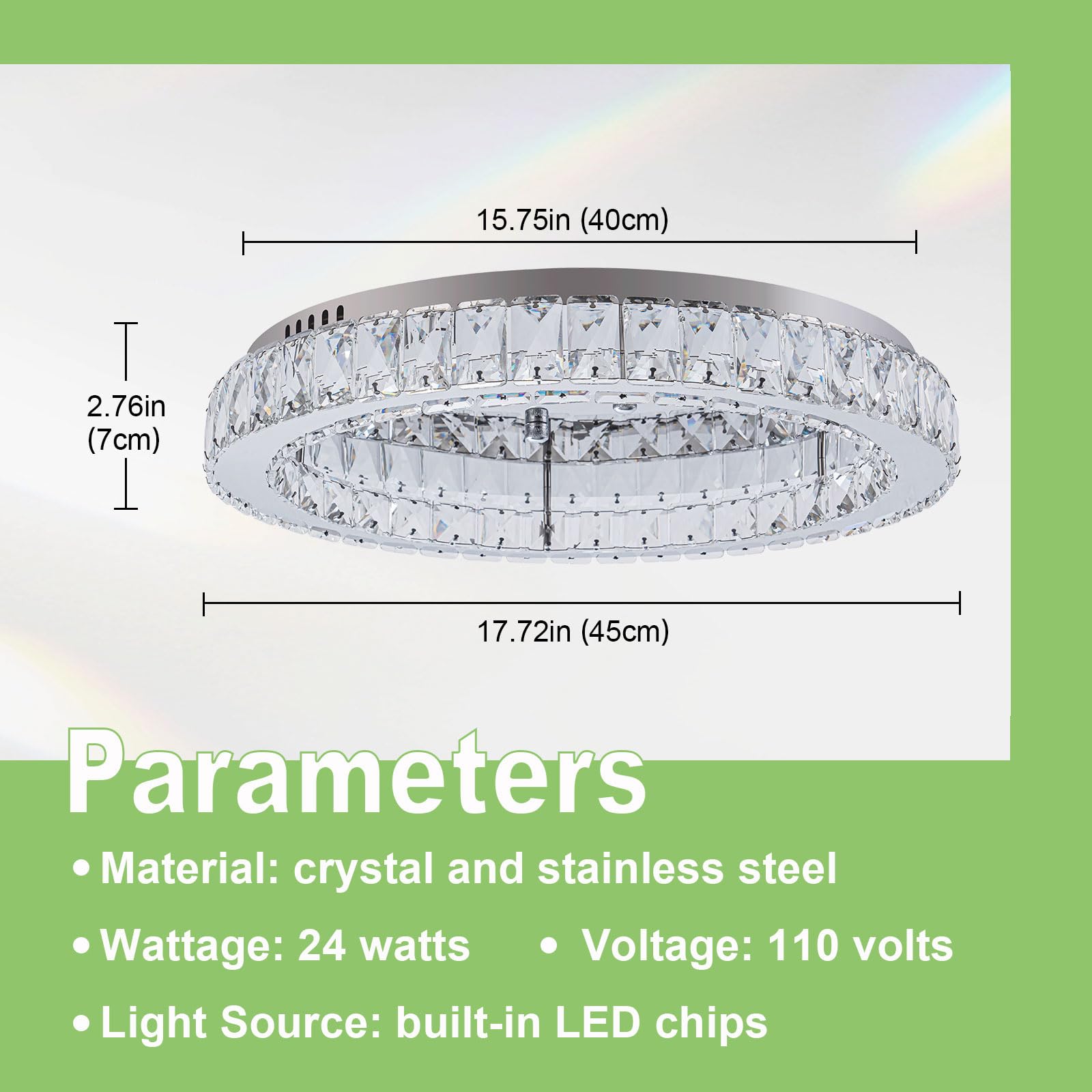 HOPGGIE Crystal Chandelier Light, 18in Round Flush Mount Ceiling Fixture, Cool White, Model HJ-450da-1, for Living Room, Bedroom, Dining Room