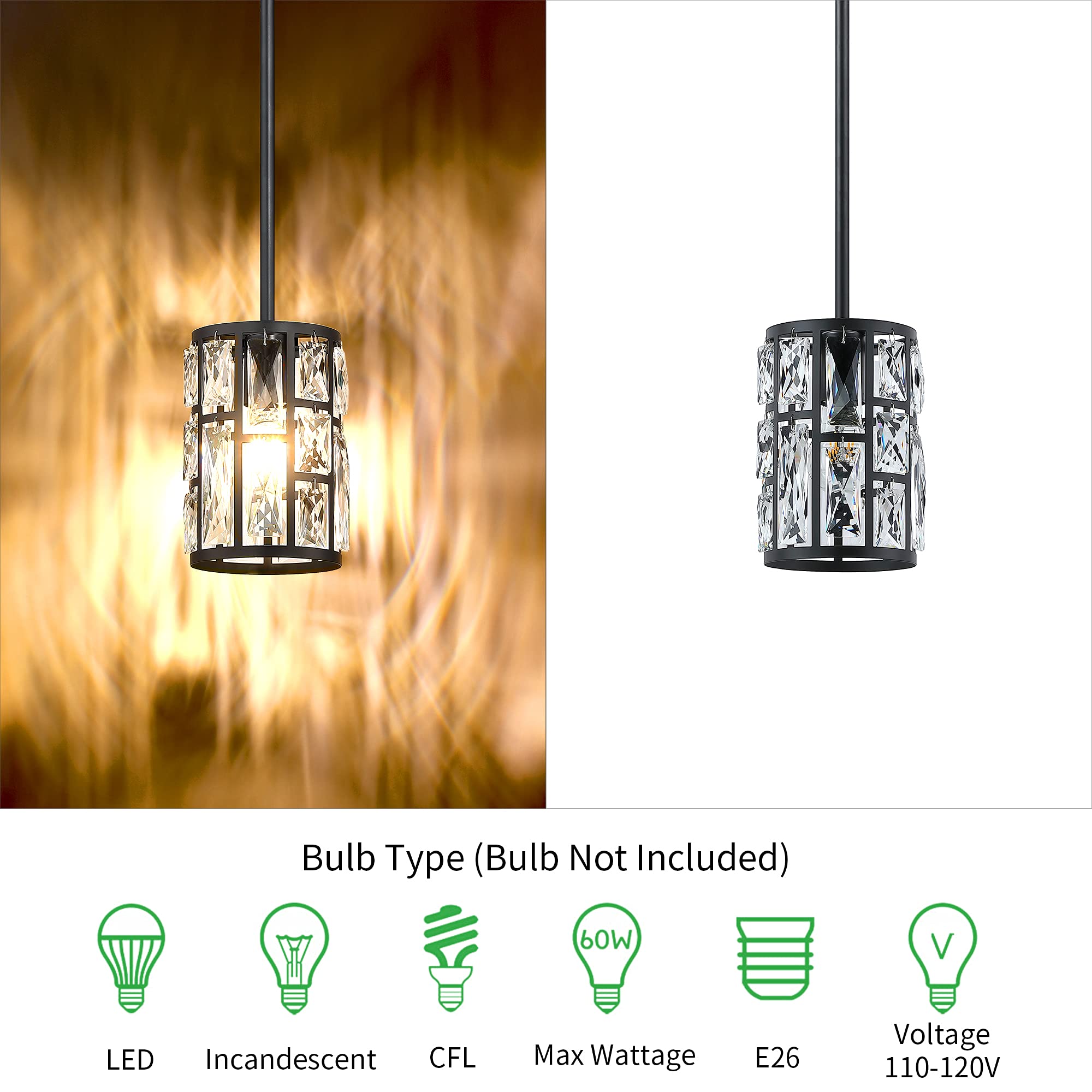 MEXO Modern Crystal Pendant Light Fixture 2-Pack, Gold Finish Chandelier for Kitchen Island, Model 1003PD-GD-2PK