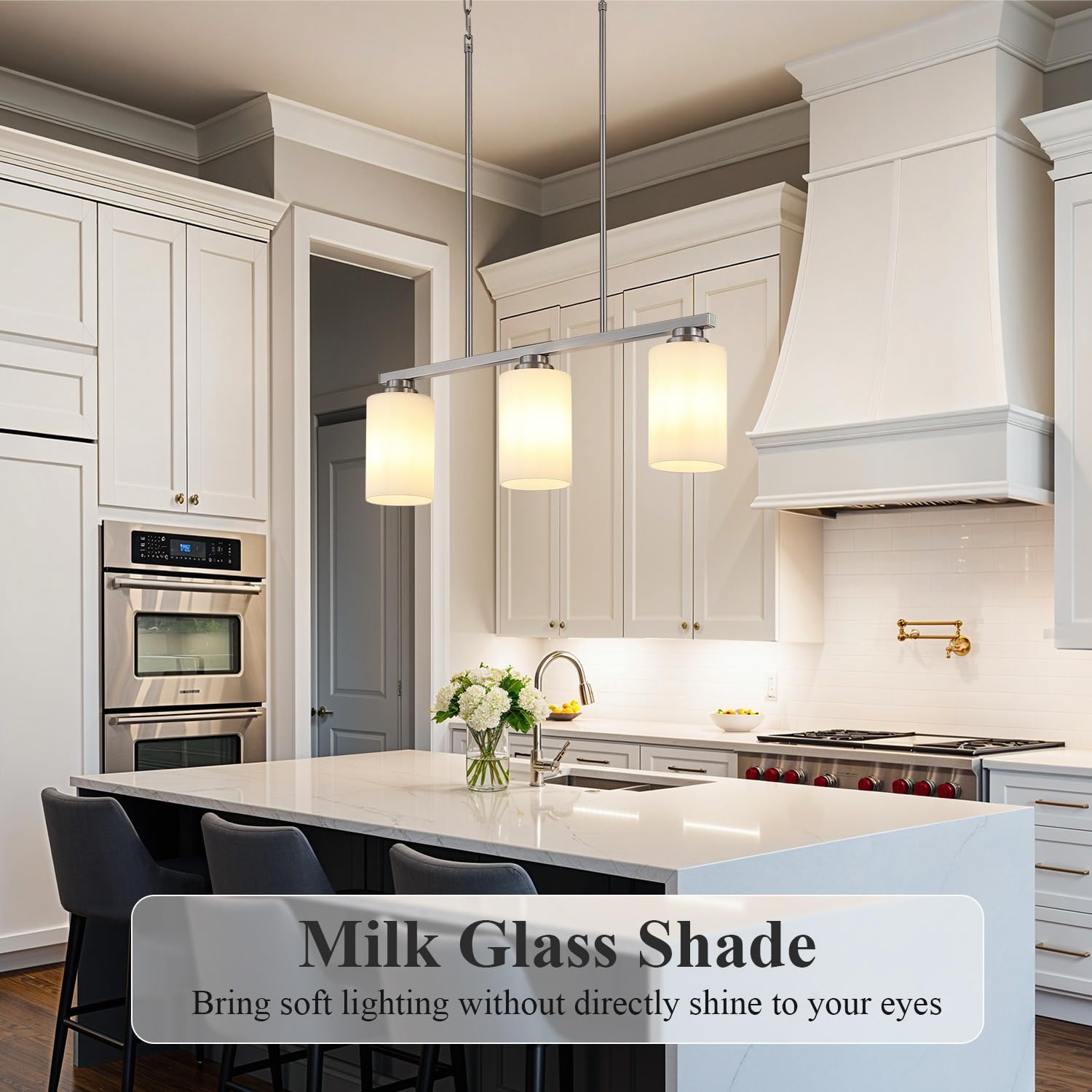 Mecgirn Island Light For Kitchen  Brushed Nickel Dining Room Light Fixture Over Table With Milk Glass Shade  3-Light Linear Chandelier Pendant Lighting For Dining Table Kitchen Island Living Room