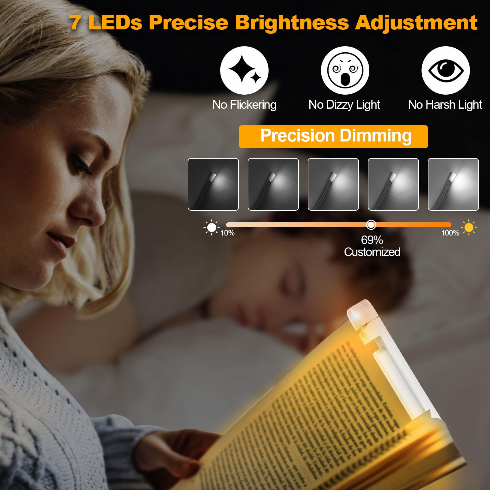Hionxmga Book Reading Light,2 Pack Silent Touch Book Lamp For Reading In Bed,Rechargeable Clip On Booklight With 3 Amber Color &