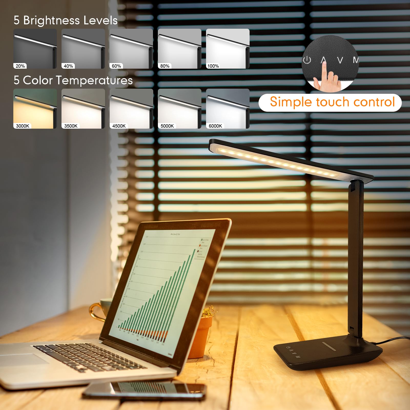 White crown LED Desk Lamp with 15W Wireless Charger, USB Port, Dimmable, Touch Control, Foldable, Pro Size, Black, Model QM019