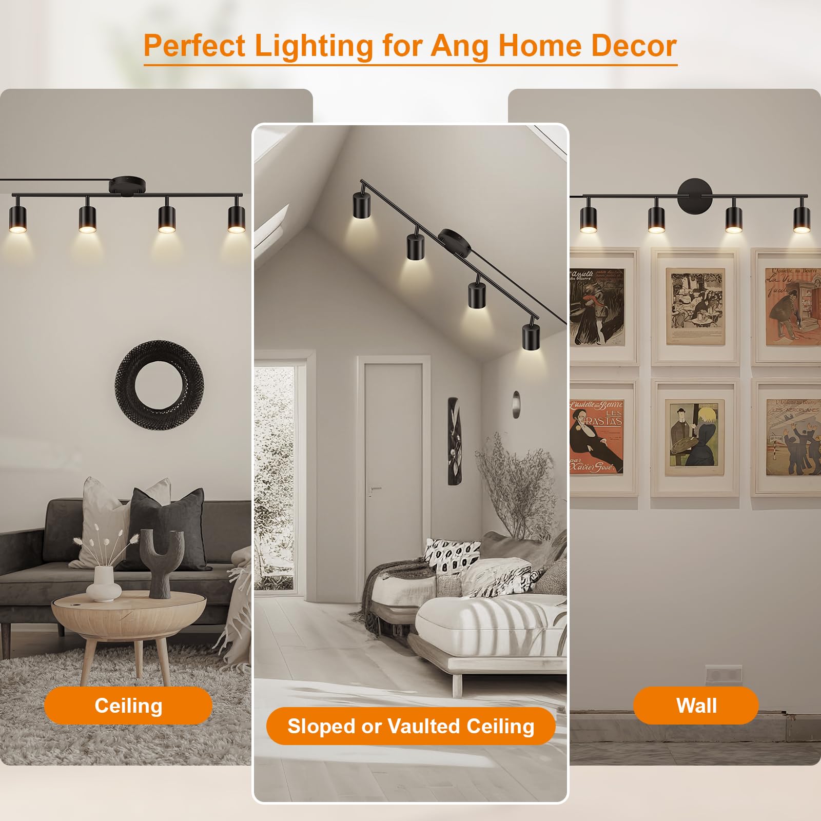 AUQUEE LED Track Lighting Fixtures - Black 4-Light Kit, Metal, Plug-in with 14.8ft Cord, Rotatable Ceiling Spotlight, Model C0105