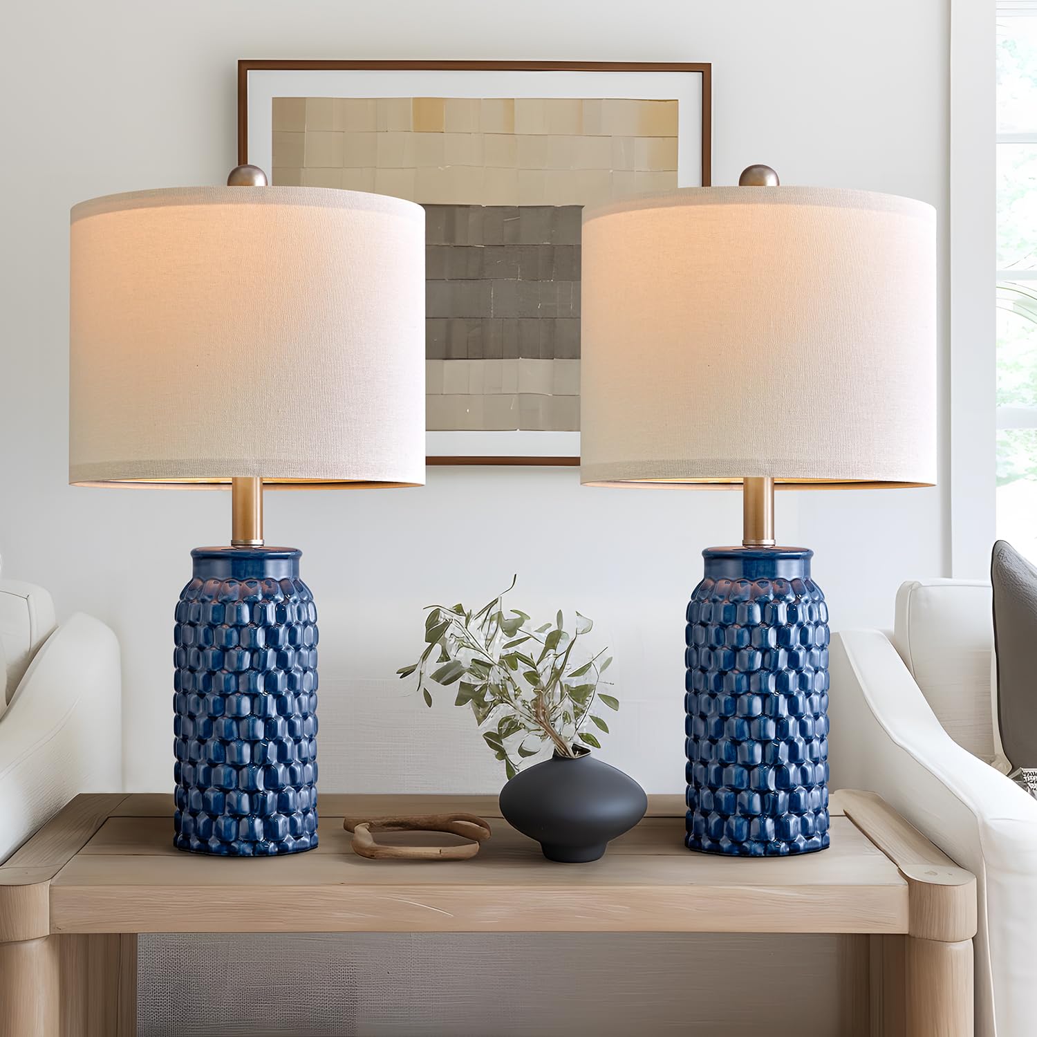 USumkky Ceramic Bedside Lamp Set of 2, 20.5in Dark Blue, Modern Design for Bedroom and Living Room Decor, Model 1092