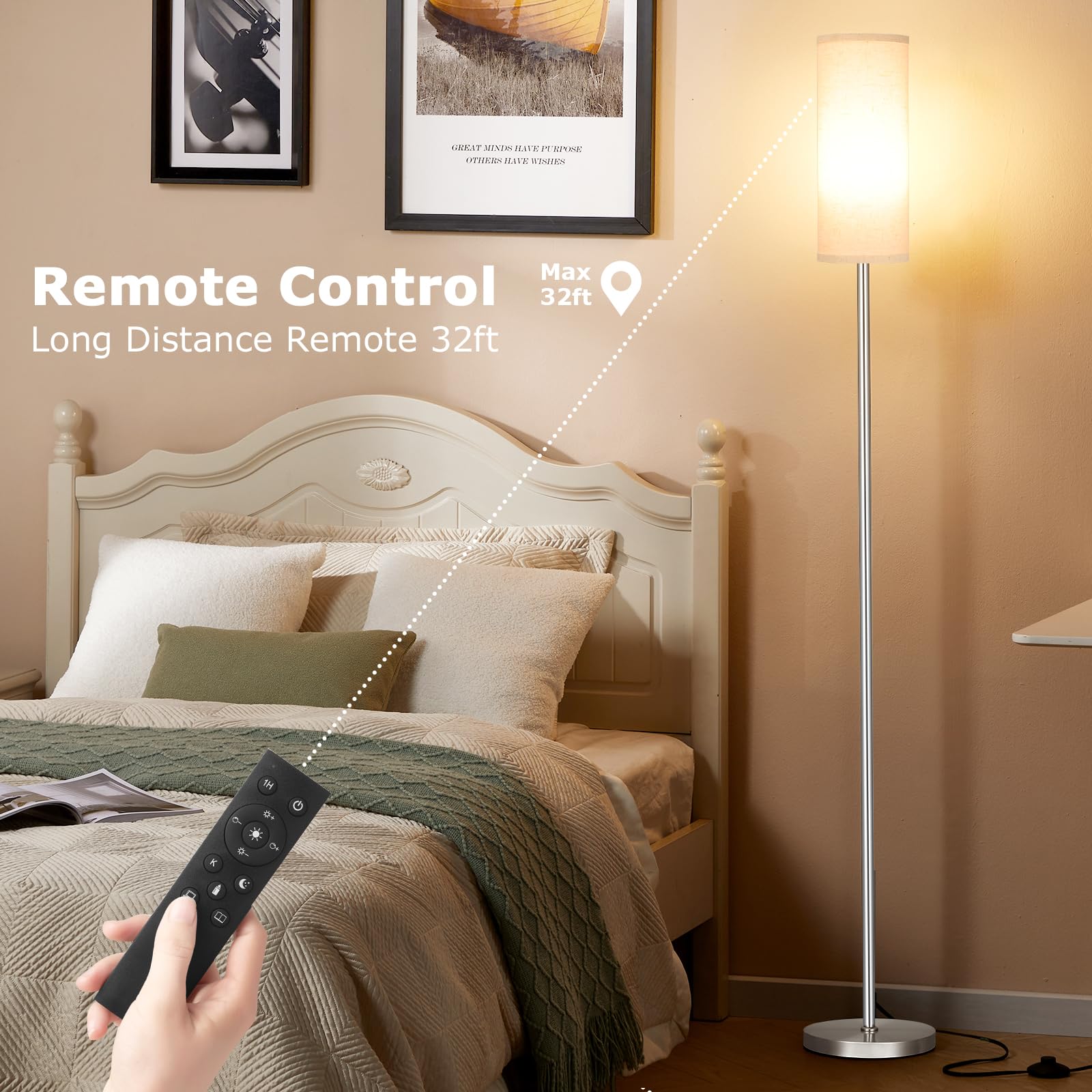 Ambimall 64'' Floor Lamps For Living Room With Remote Control And Stepless Dimmable Colors Temperature & Brightness, 9W Bulb Included(Beige Lampshade & Silver Pole)