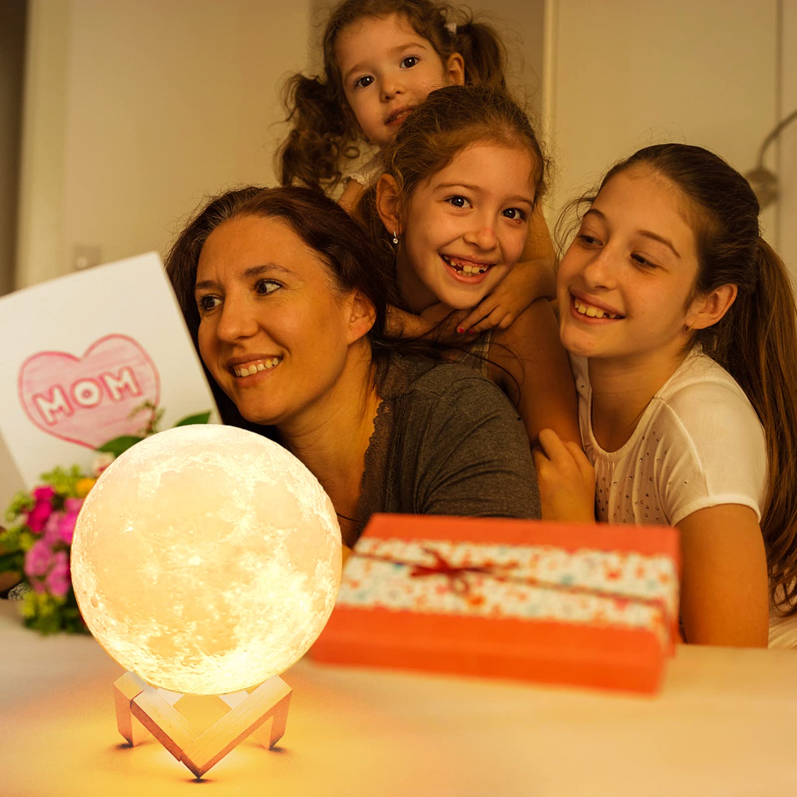 Mydethun 3D Moon Lamp, 7.1 Large Night Light with Wooden Base, Touch-Dimmable & Rechargeable, Gift for Mom, Bedroom, Home D  co
