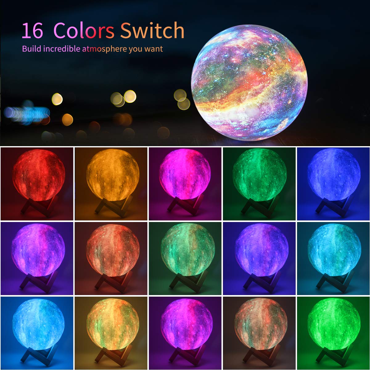 GDPETS Moon Lamp - 16 Colors, 5.9 Inch Galaxy Night Light with Wood Stand, Remote & Touch Control, USB Rechargeable