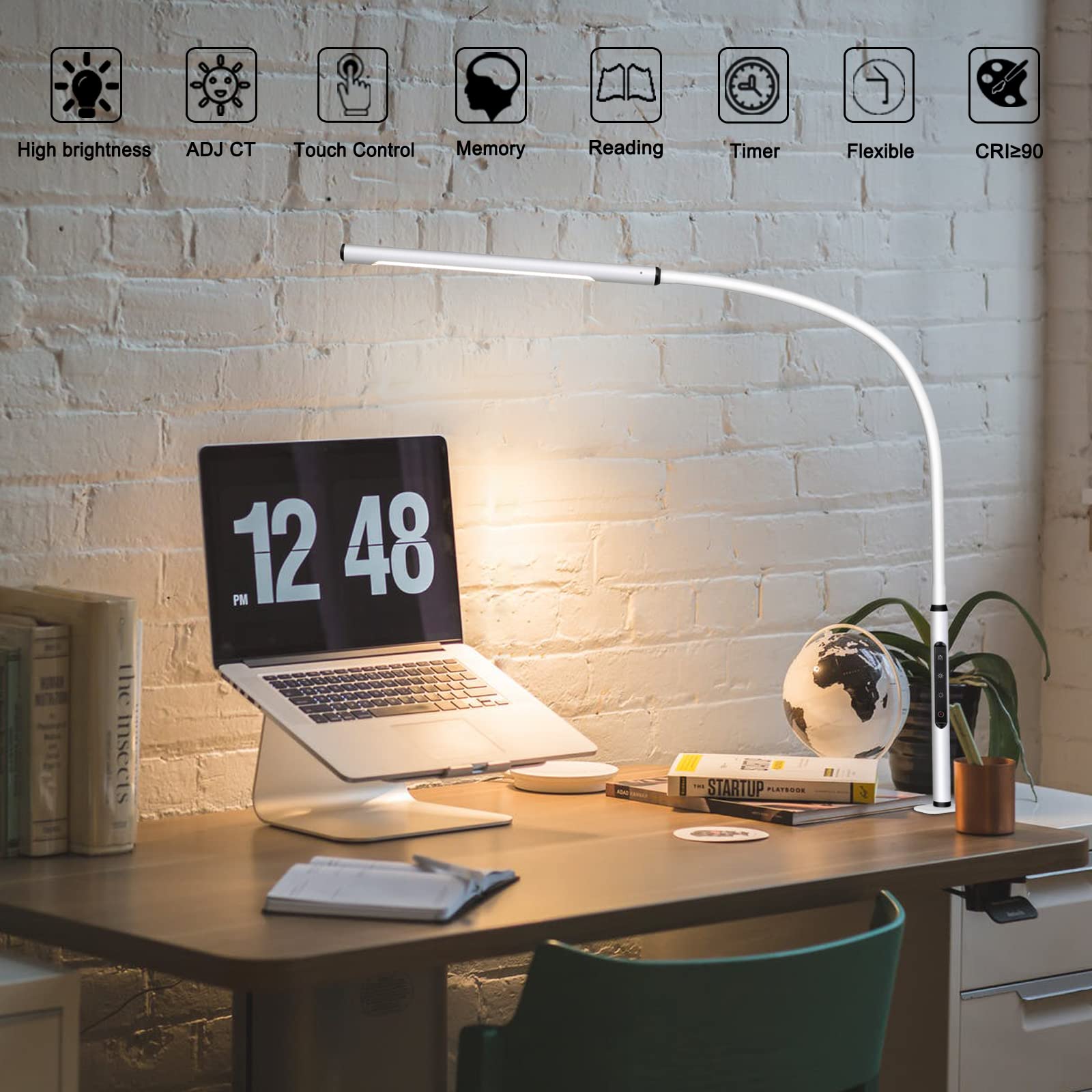 AmazLit Gooseneck Desk Lamp with Clamp, Adjustable Brightness & Colors, 12W, White, Eye-Caring Design for Home Office