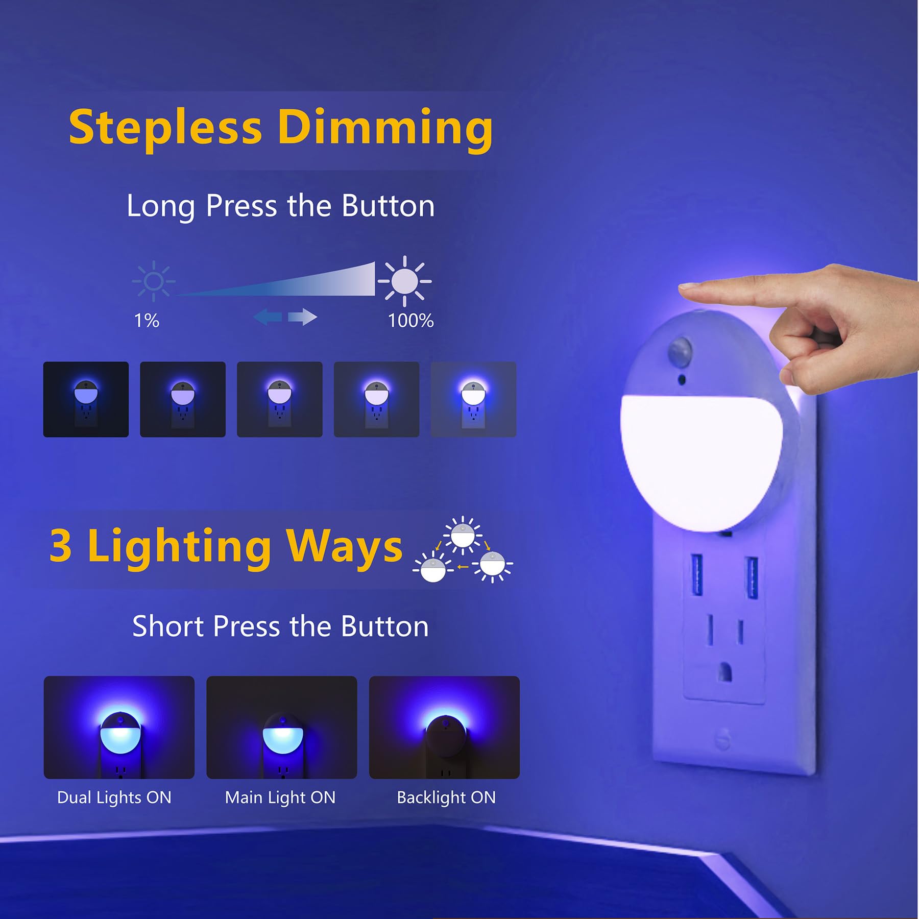 Yunlex 2 Pack Plug In Night Light With Motion Sensor And Dusk To Dawn Sensor, Stepless Dimming, Blue Led Nightlight With 3 Light
