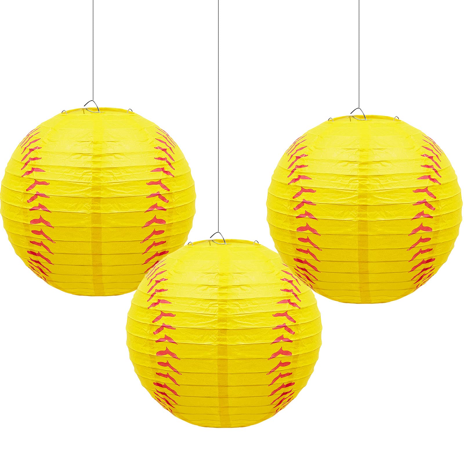 Riakrum Softball Lantern Decorations - 8 Inch Paper Hanging Lanterns - Yellow & Red - Sports Party Decor (Set of 3)