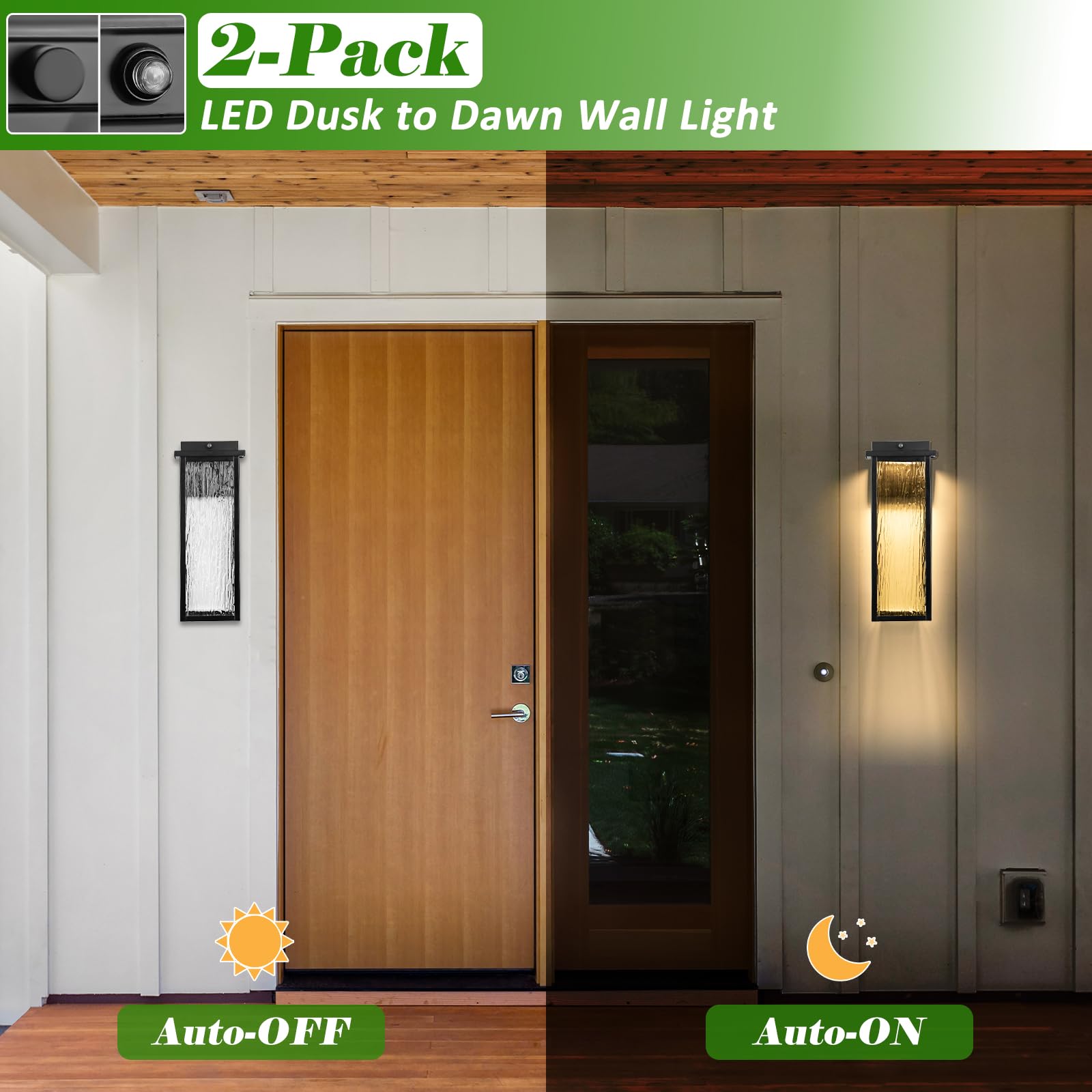 Black Led Dusk To Dawn Outdoor Lighting 2 Packs, 16" Large Outside Farmhouse Wall Lantern, Industrial Porch Wall Mount Light Fixture With Rippled Glass, Waterproof Modern Exterior Sconce Lamp