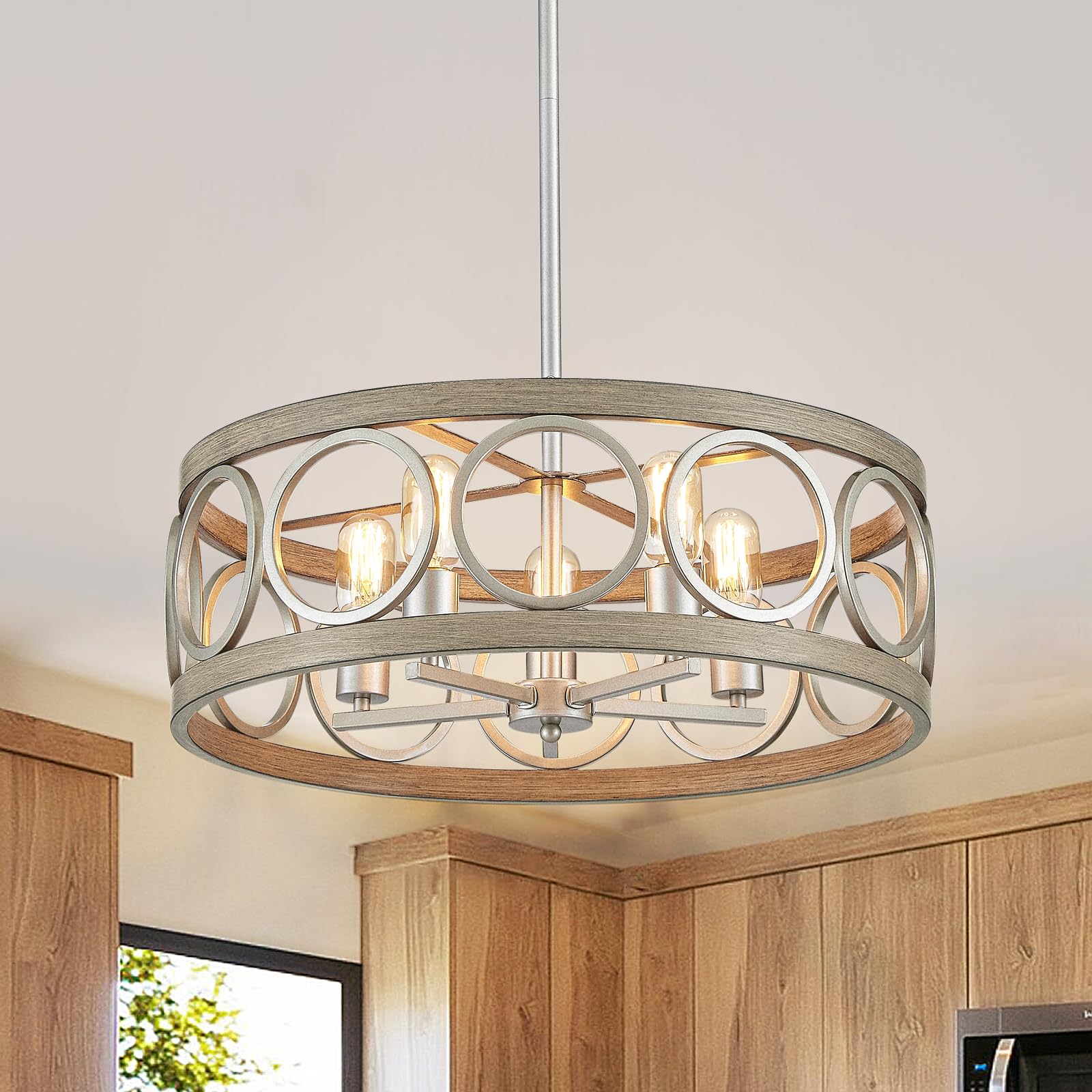 Peskoe Dining Room Light Fixtures Over Table, Modern Farmhouse Chandeliers For Living Room Kitche Bedroom, 22'' Rustic Drum Chandeliers Pendant Light, Metal Round Nickel Wood Grain Hanging Light