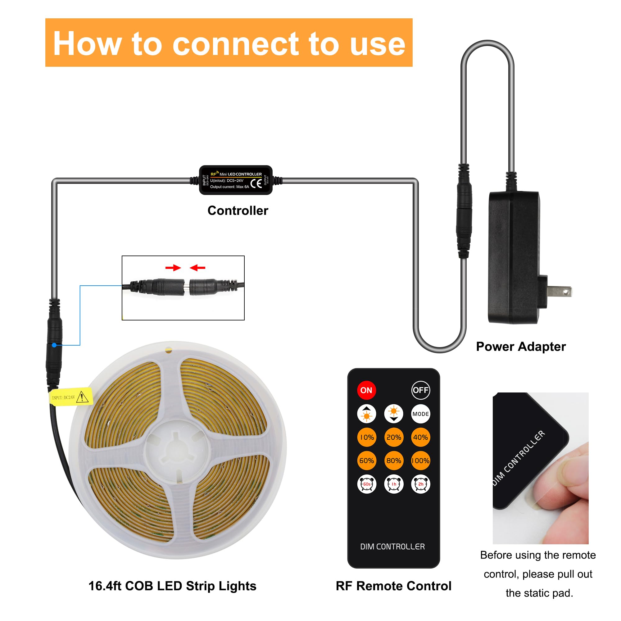 AXMOTUT COB LED Strip Light, 16.4FT Warm White 2700K, Dimmable, RF Remote, UL Power Supply, Model AM-320-5H