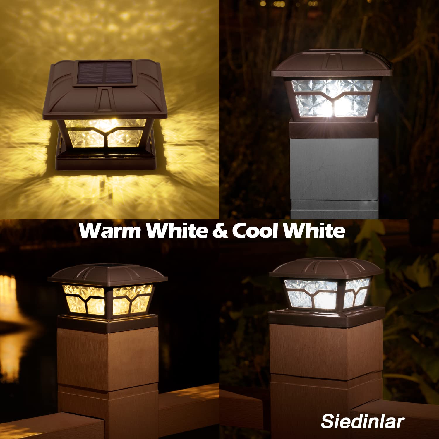 SIEDiNLAR Solar Post Cap Lights, 8 LEDs, Warm & Cool White, Glass, Brown, 6 Pack, for 4x4 5x5 6x6 Posts