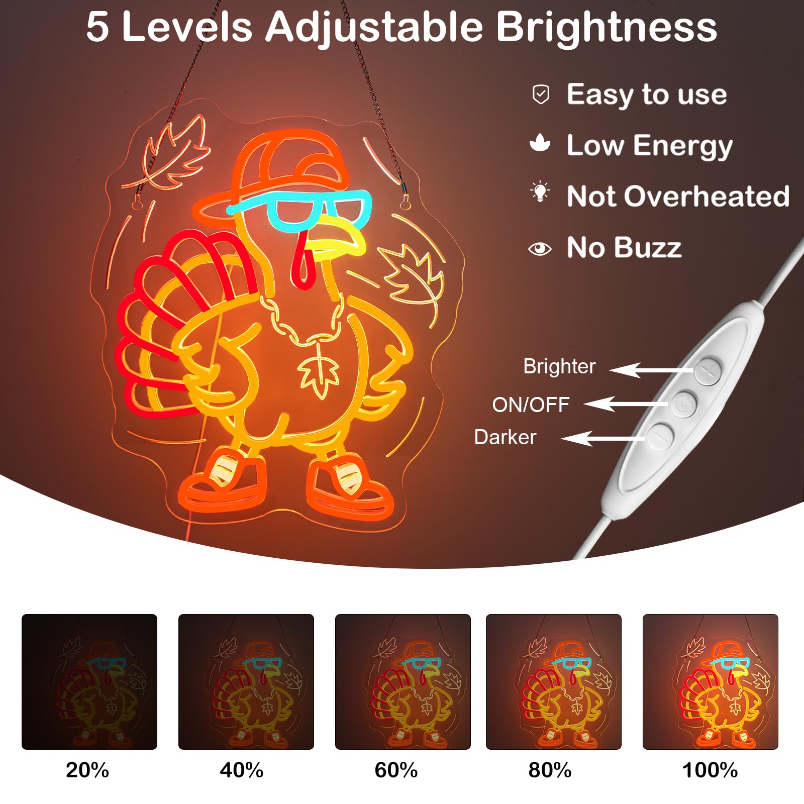 Thanksgiving Turkey Neon Sign Indoor Cool Light Sign Dimmable Turkey Led Light Up Fall Neon Decor For Dining Room Music Classroom Thanksgiving Christmas Party Gift