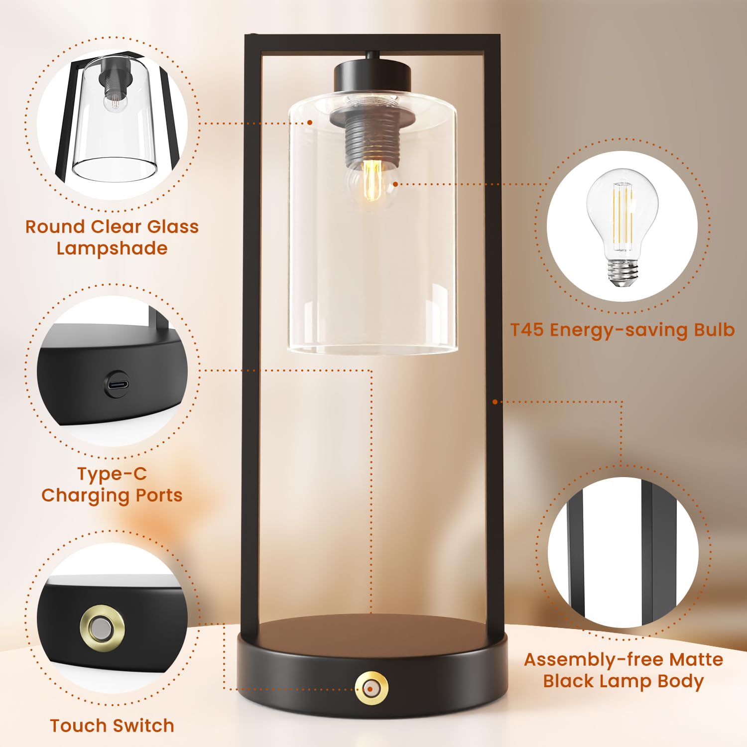 Battery Operated LED Touch Cordless Table Lamp Small 6000mAh Gradient Rechargeable Dimmable Table Lamp with Memory Function for