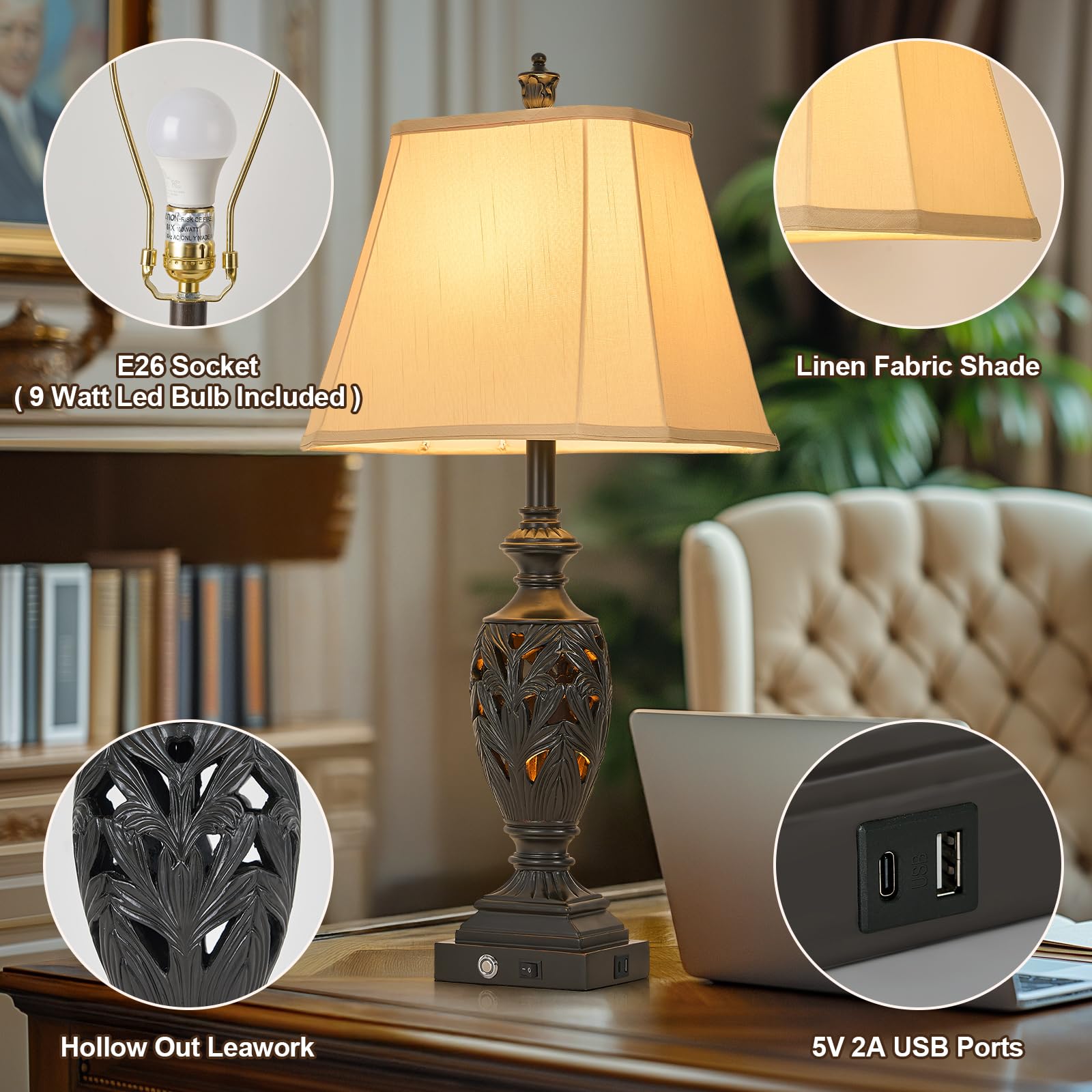 AIDENOEY Touch Traditional Table Lamp Set of 2, 29.5" Black Gold, USB Ports, Vintage Design for Living Room & Bedroom