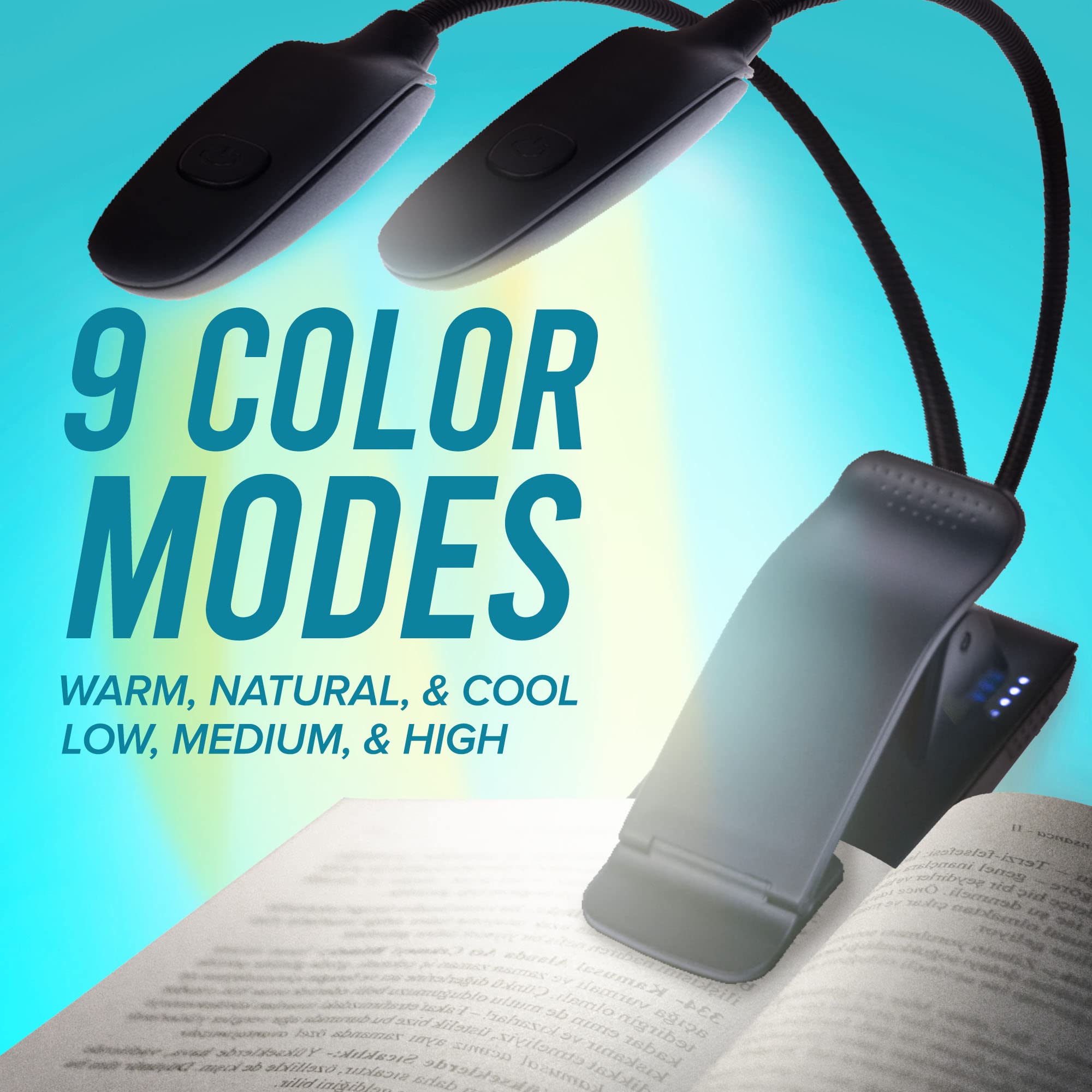 Ecologic Mart - Double Arm Rechargeable Book Light for Reading in Bed, Clip on Light for Reading Books with 9 Adjustable Reading