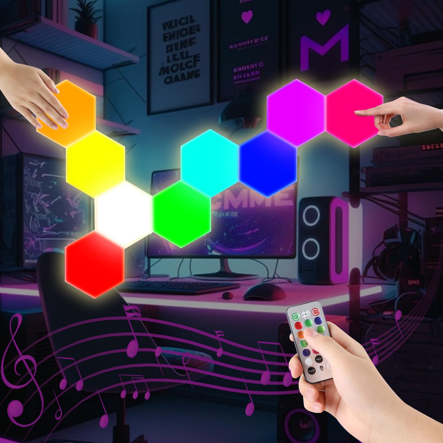 Ifthfour 10 Pack Hexagon Light Panels - Smart Rgb Hexagon Led Lights Wall Lights Remote Control Lights For Lving Room, Bedrooms,