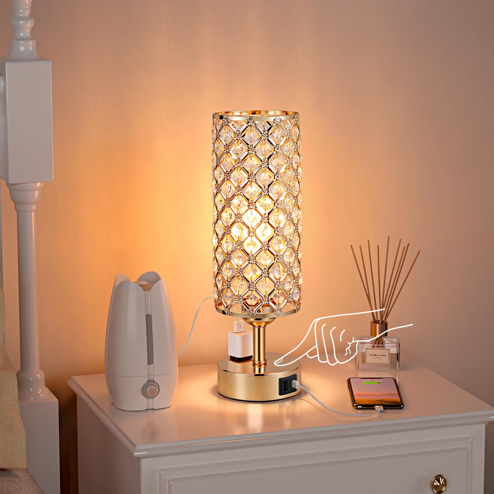 Hong-in Crystal Table Lamp - Gold Bedside Lamp with USB-C & AC Ports, 3-Way Dimmable Touch Light, Bulb Included, Perfect for Girls' Room