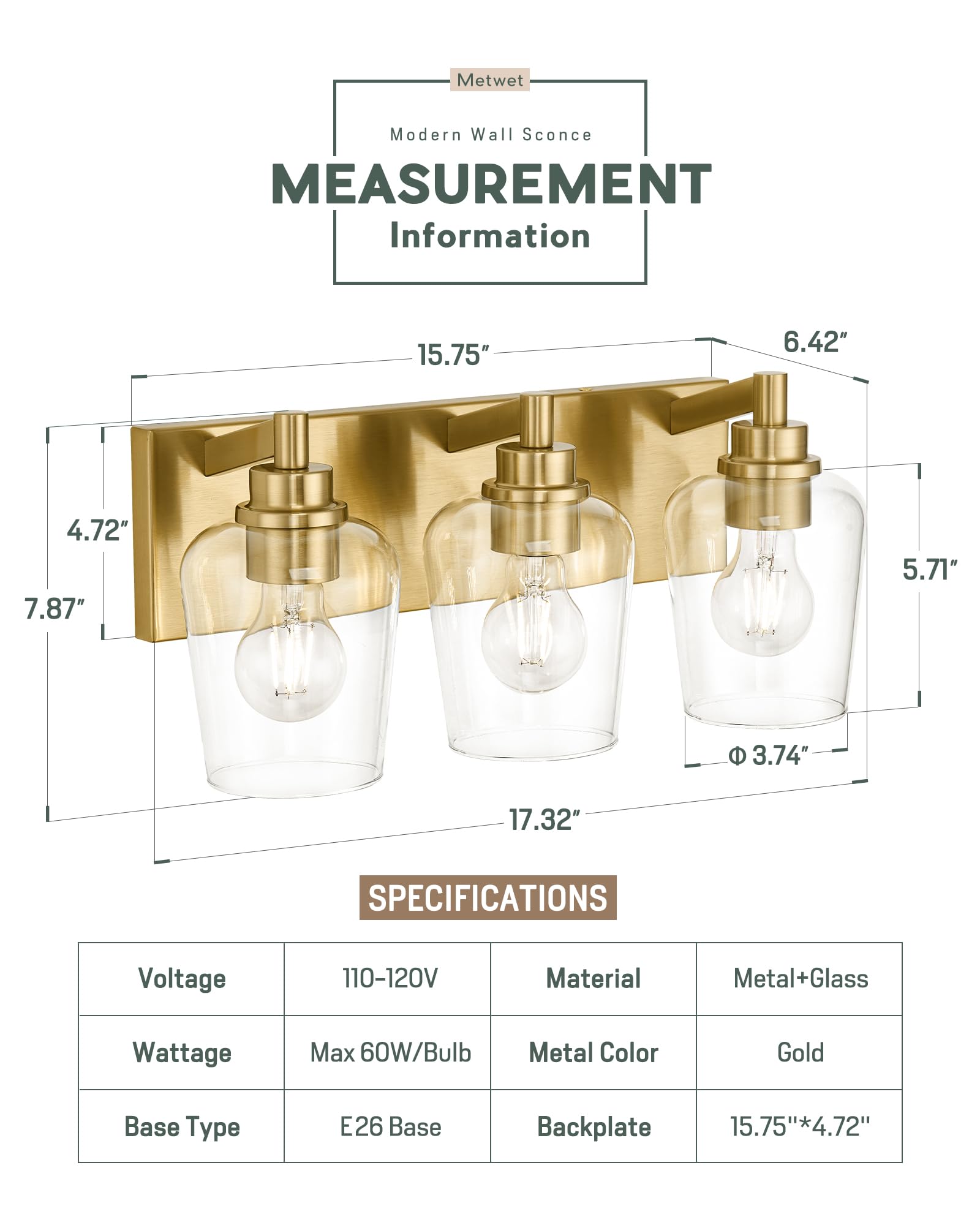 Metwet Bathroom Light Fixtures  3-Light Modern Vanity Light With Clear Glass Wine Glass-Shaped Shade  Vanity Lighting Fixtures Over Mirror  Brushed Gold  Vl155-Bg-3